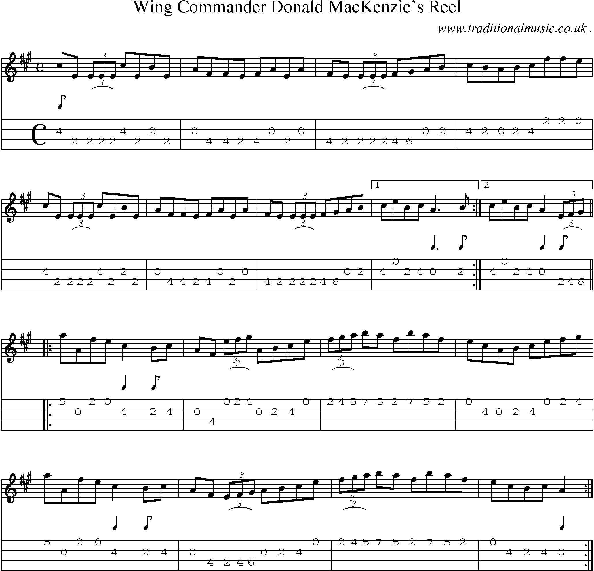 Sheet-music  score, Chords and Mandolin Tabs for Wing Commander Donald Mackenzies Reel