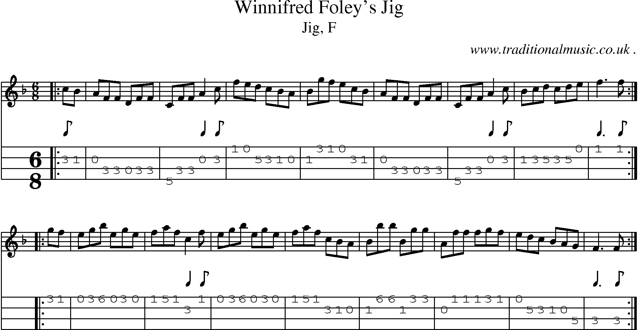 Sheet-music  score, Chords and Mandolin Tabs for Winnifred Foleys Jig