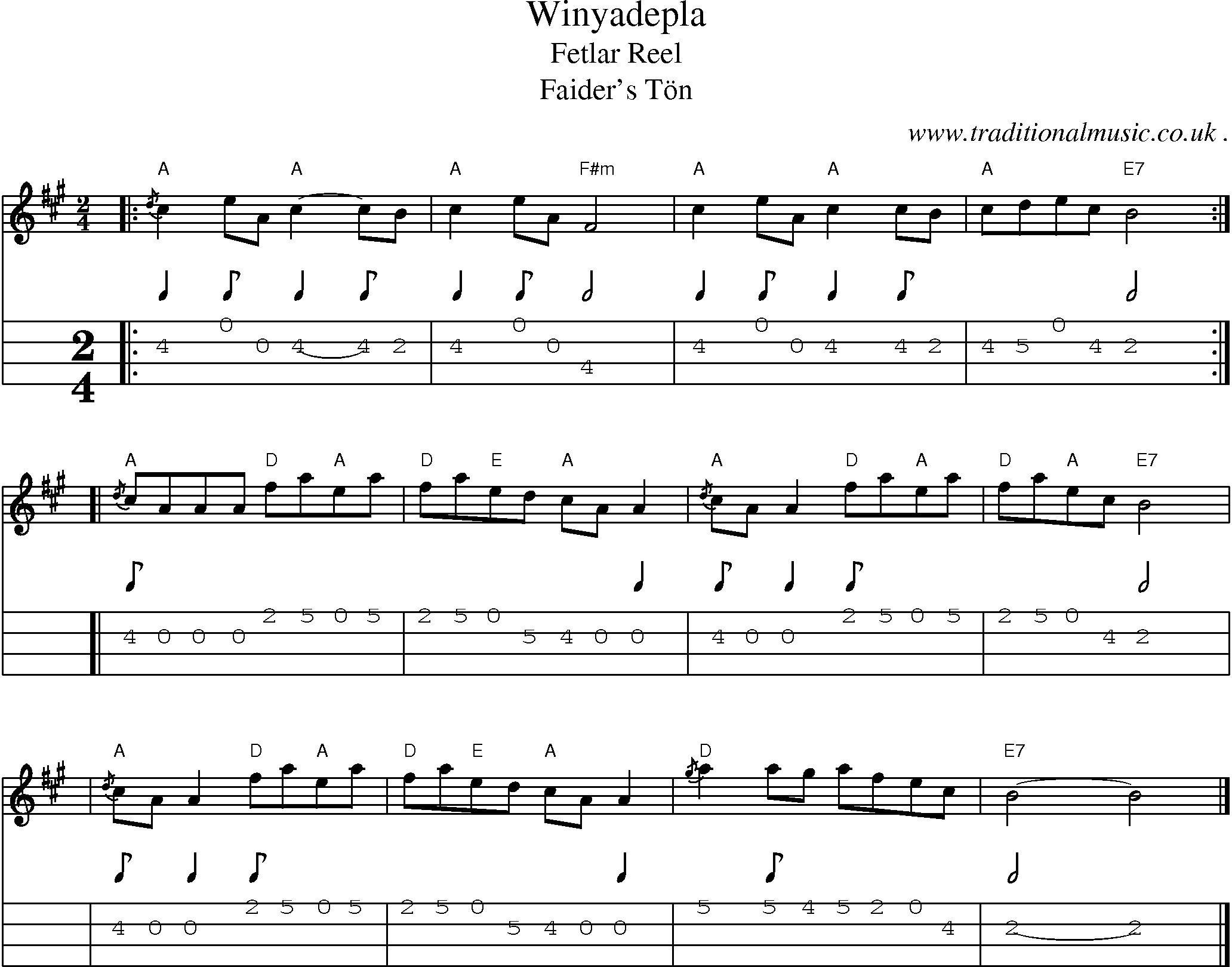 Sheet-music  score, Chords and Mandolin Tabs for Winyadepla