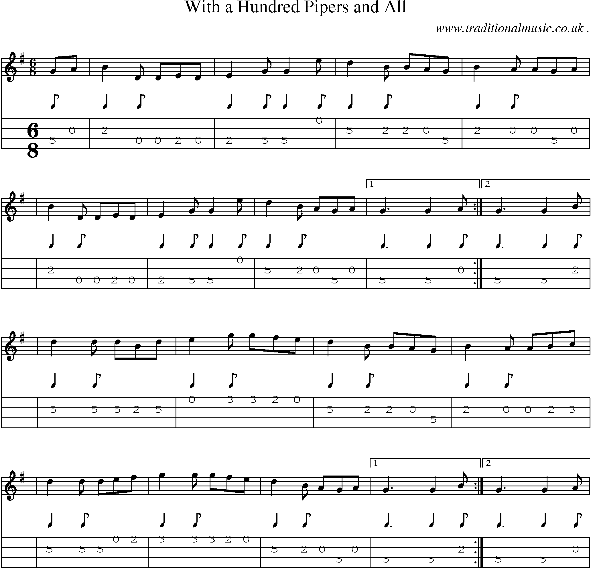 Sheet-music  score, Chords and Mandolin Tabs for With A Hundred Pipers And All