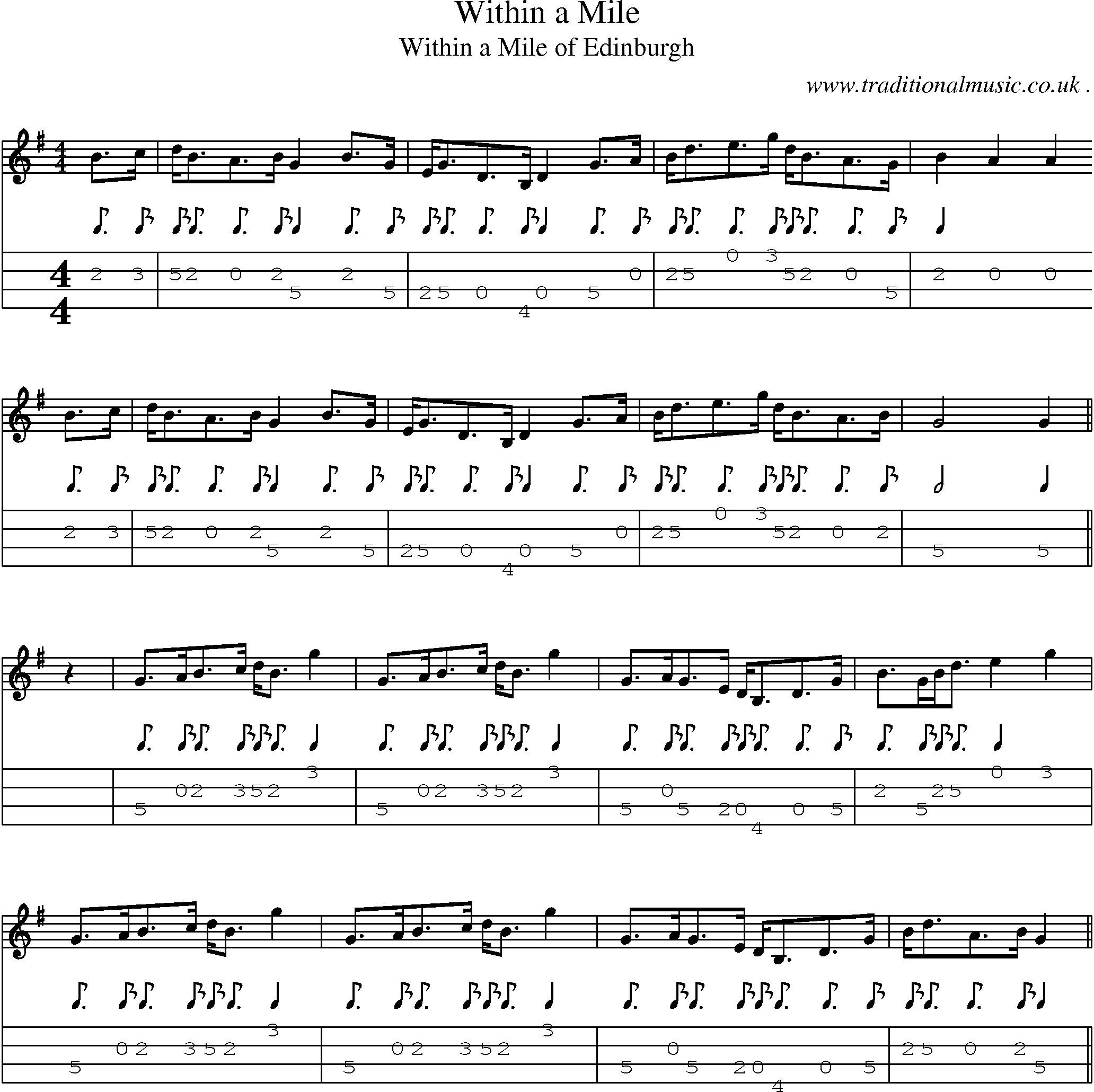 Sheet-music  score, Chords and Mandolin Tabs for Within A Mile