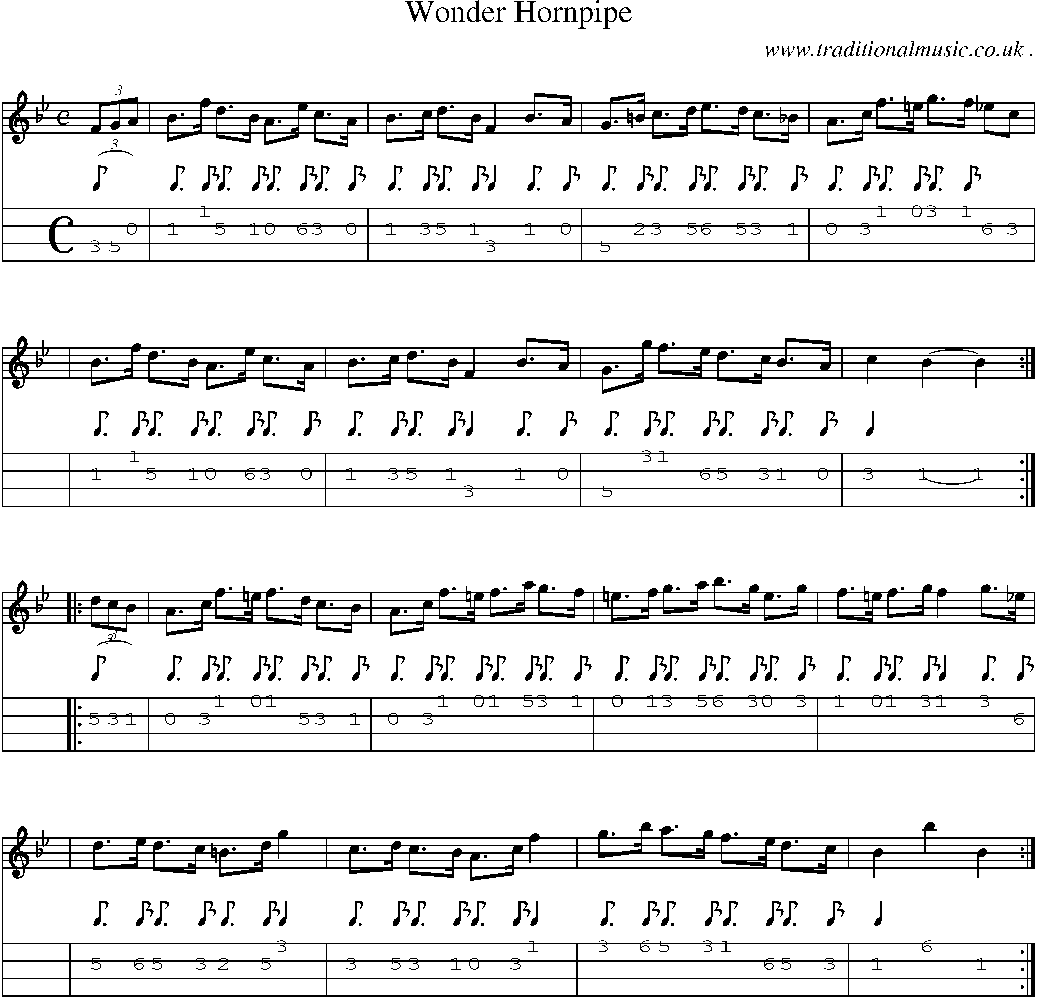 Sheet-music  score, Chords and Mandolin Tabs for Wonder Hornpipe