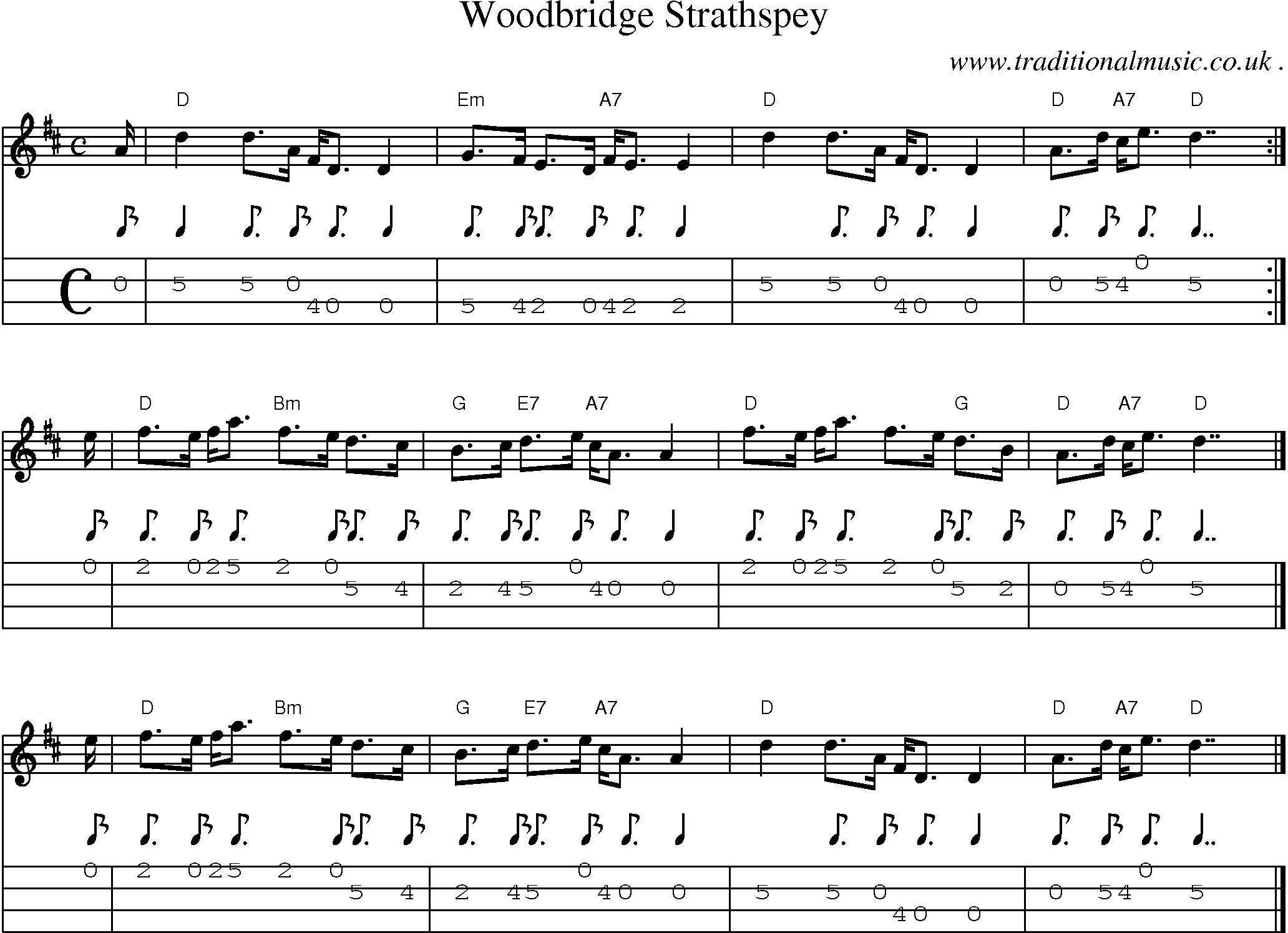 Sheet-music  score, Chords and Mandolin Tabs for Woodbridge Strathspey