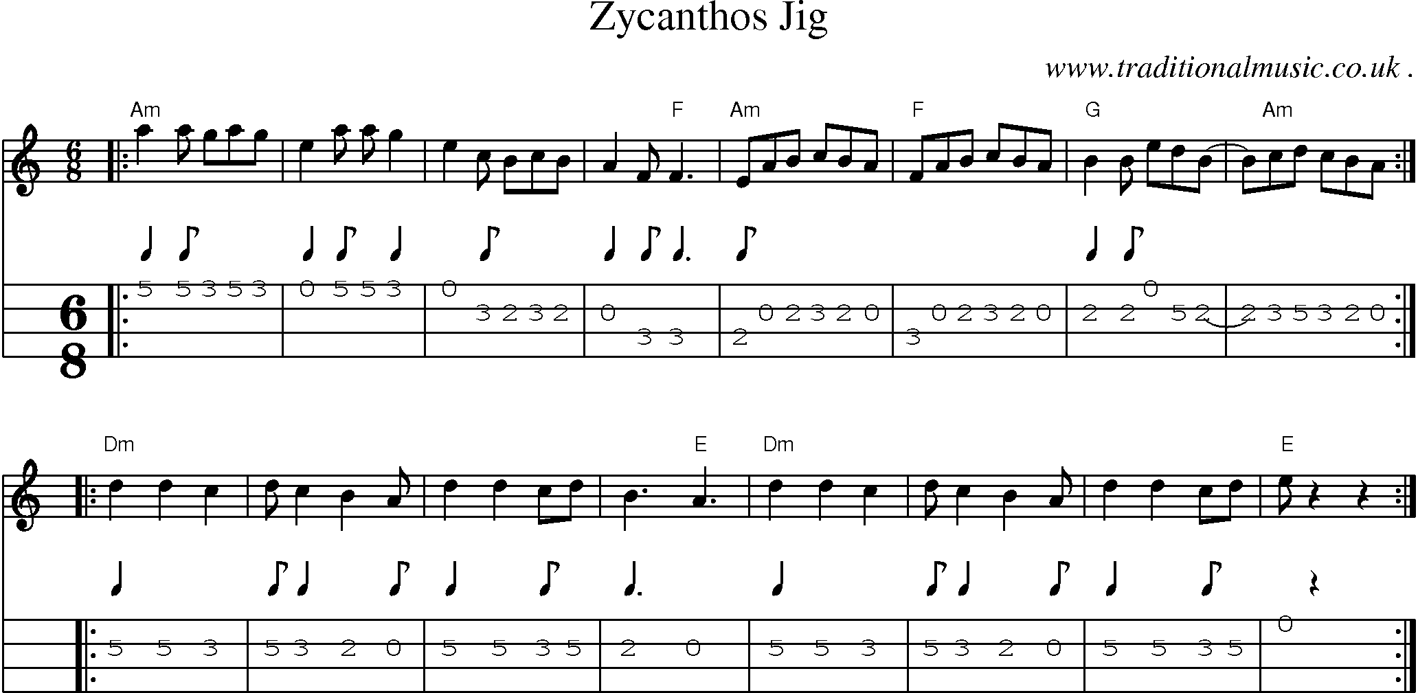 Sheet-music  score, Chords and Mandolin Tabs for Zycanthos Jig