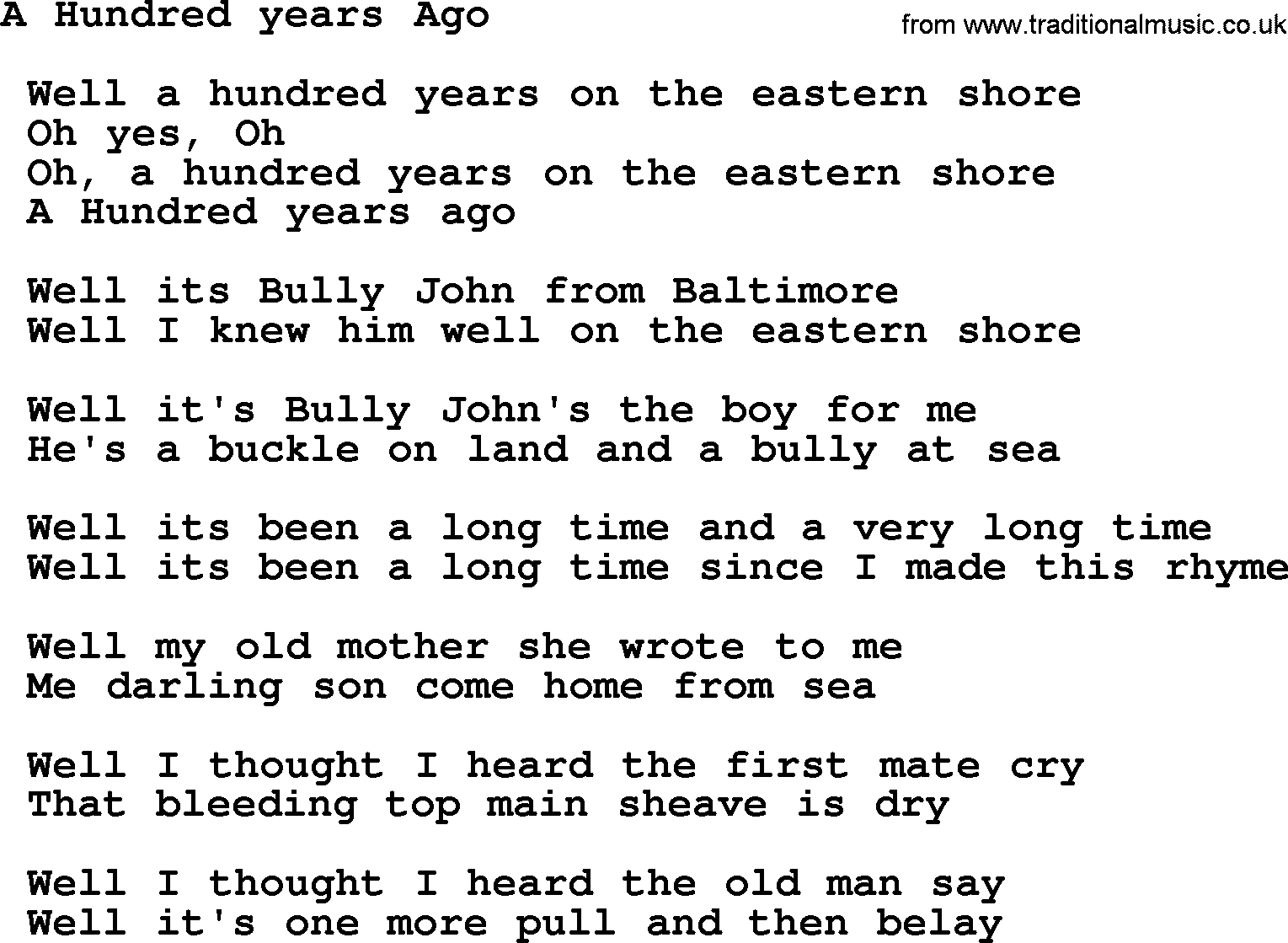Sea Song or Shantie: A Hundred Years Ago, lyrics