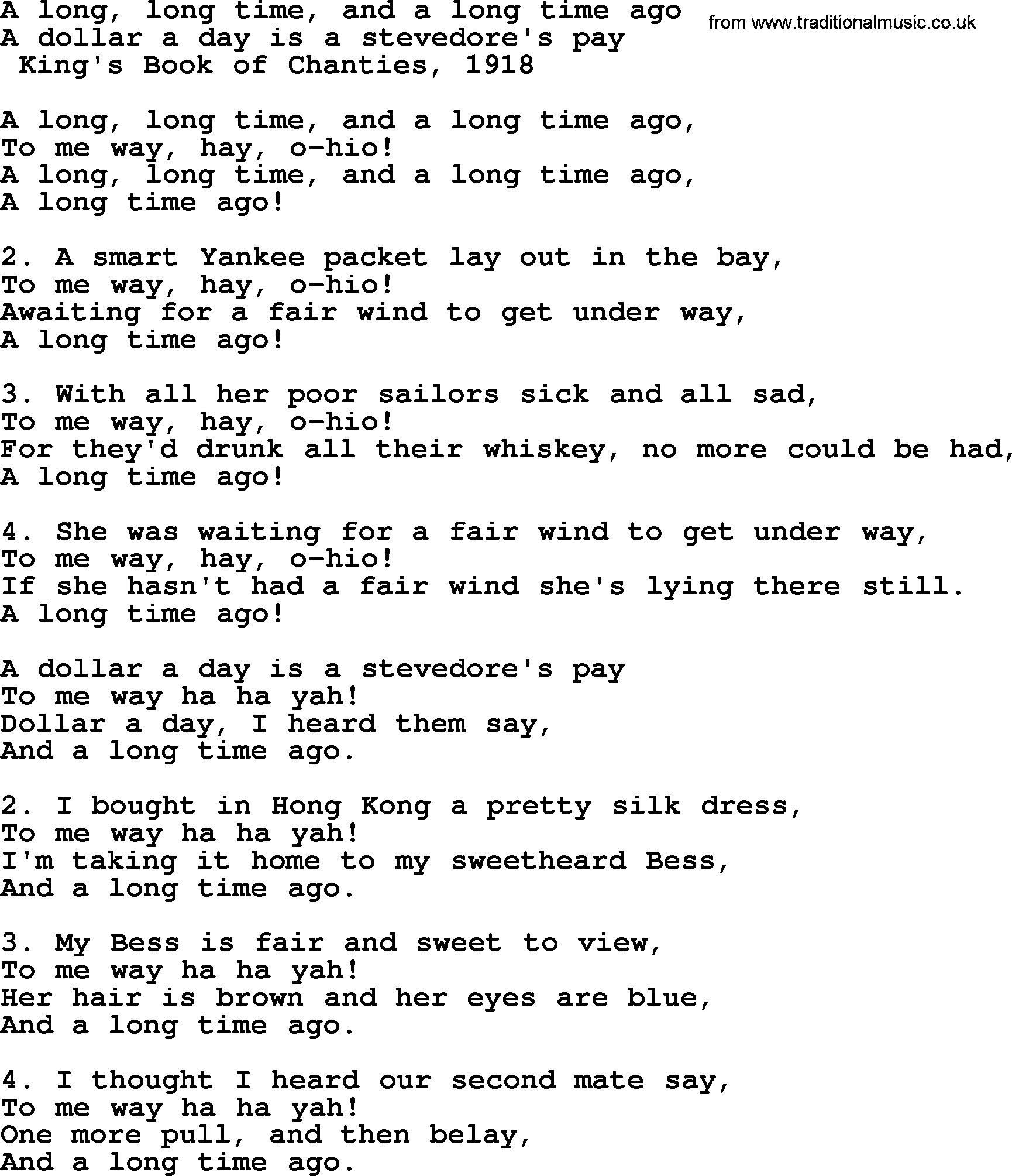 Sea Song or Shantie: A Long Long Time And A Long Time Ago, lyrics