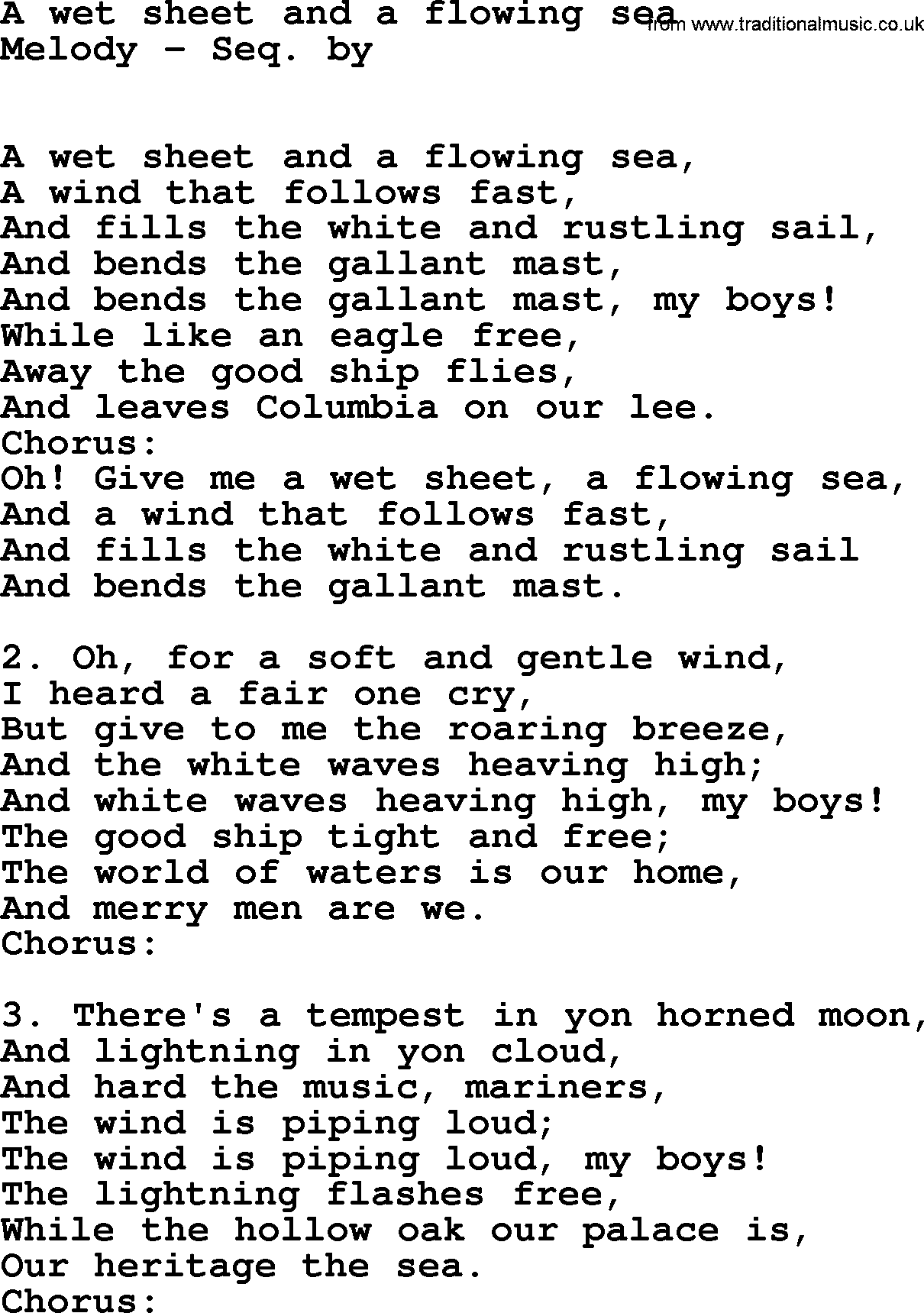 Sea Song or Shantie: A Wet Sheet And A Flowing Sea, lyrics