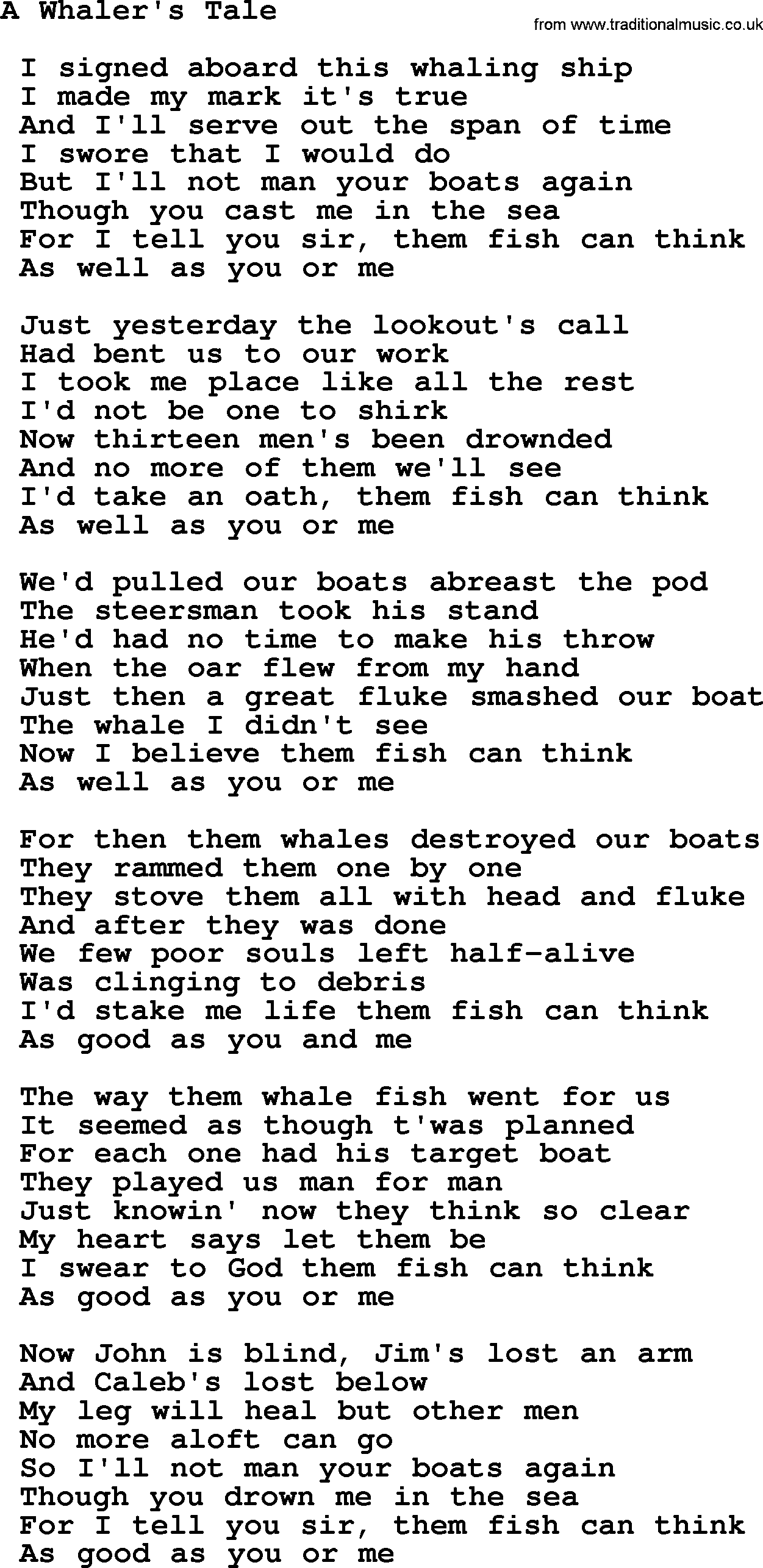 Sea Song or Shantie: A Whalers Tale, lyrics