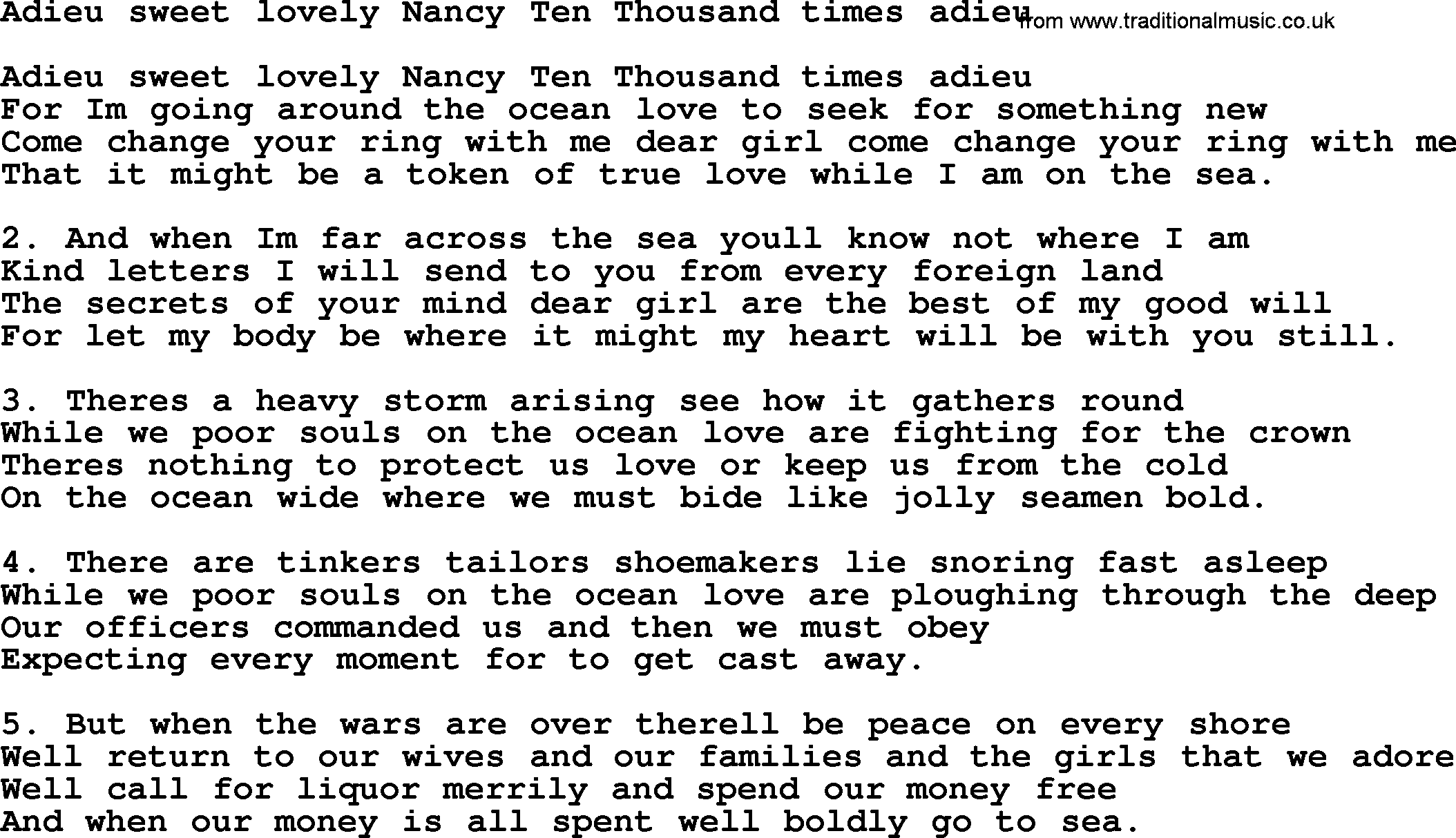 Sea Song or Shantie: Adieu Sweet Lovely Nancy Ten Thousand Times Adieu, lyrics