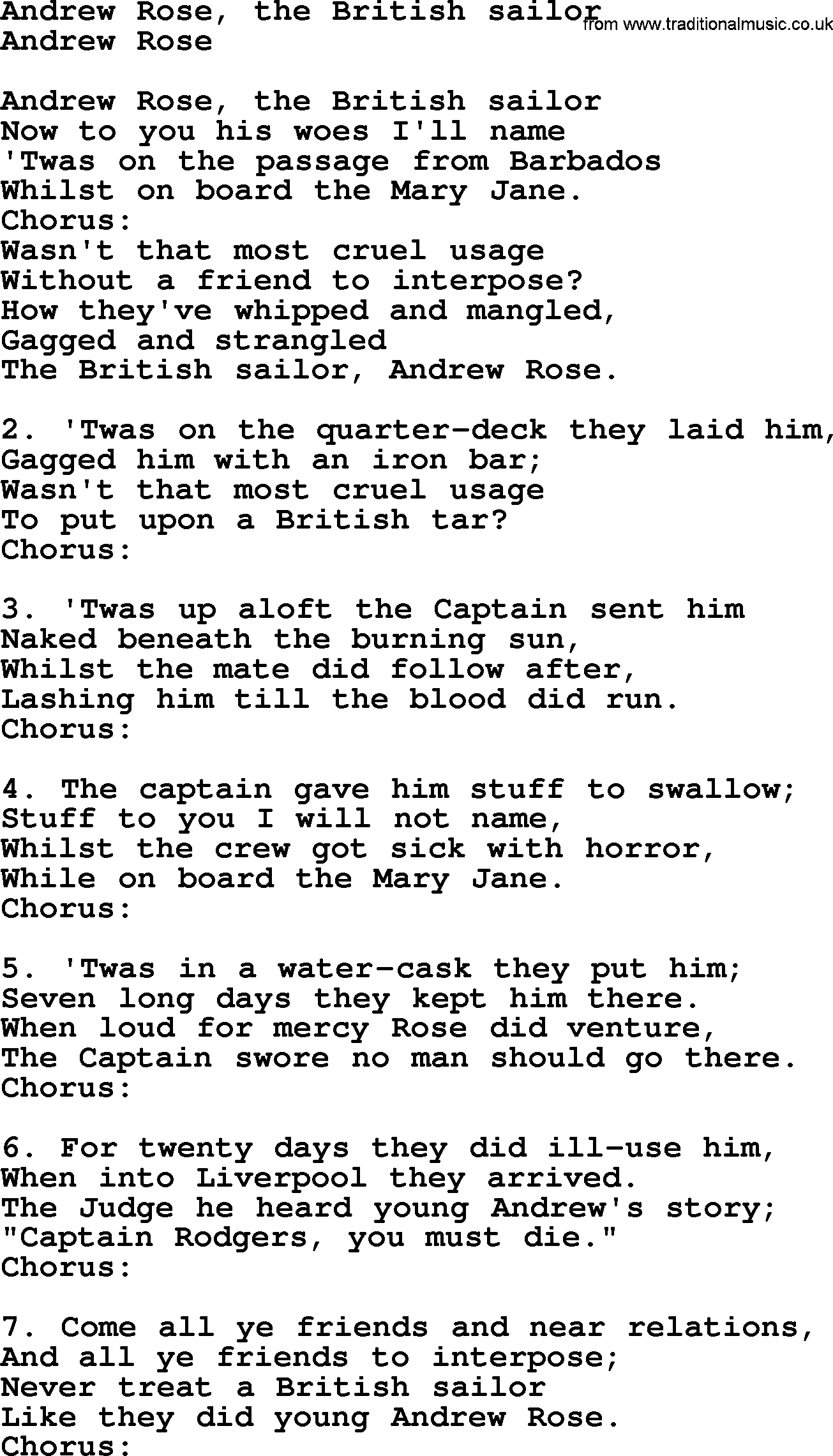 Sea Song or Shantie: Andrew Rose The British Sailor, lyrics