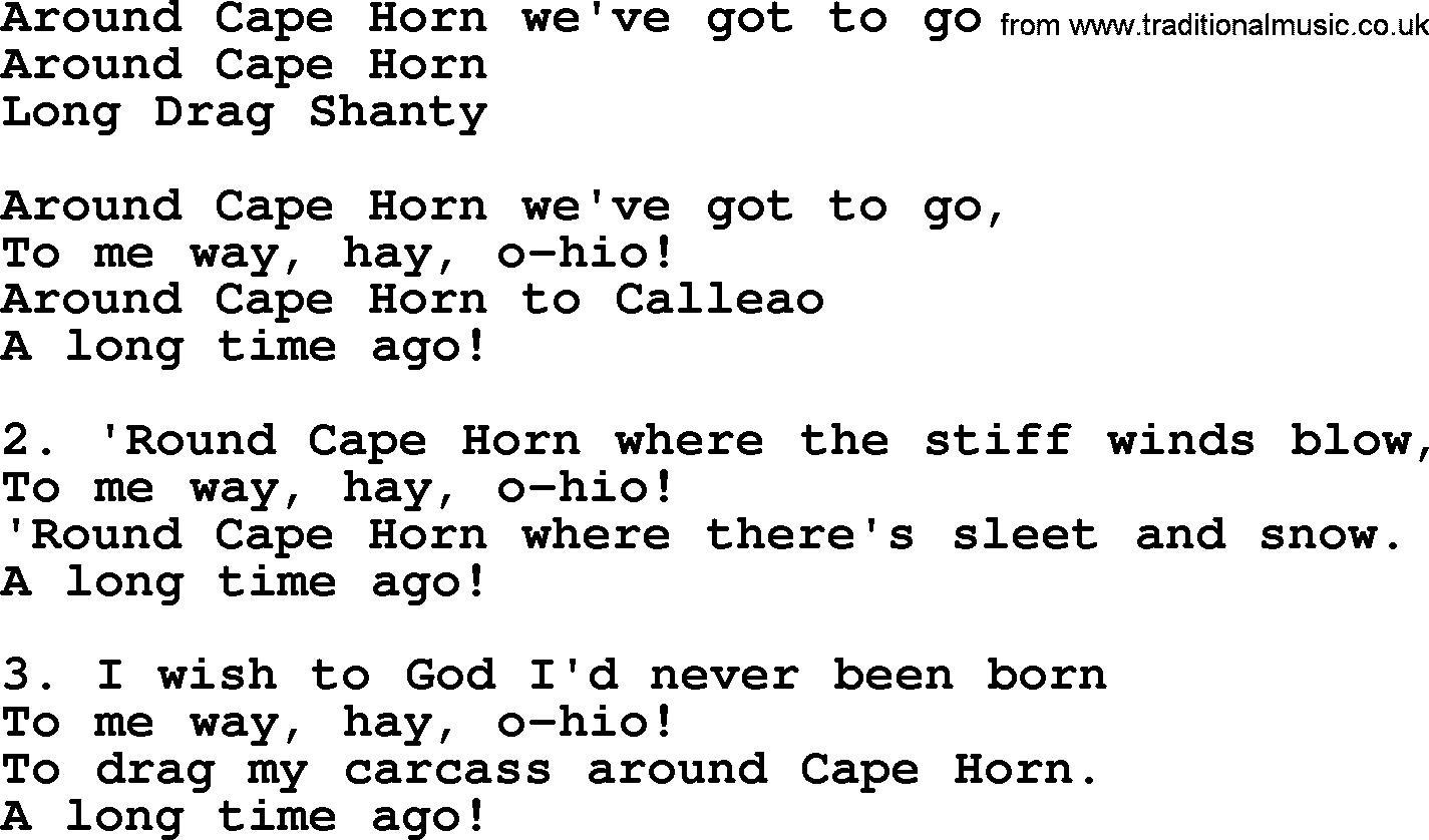 Sea Song or Shantie: Around Cape Horn Weve Got To Go, lyrics