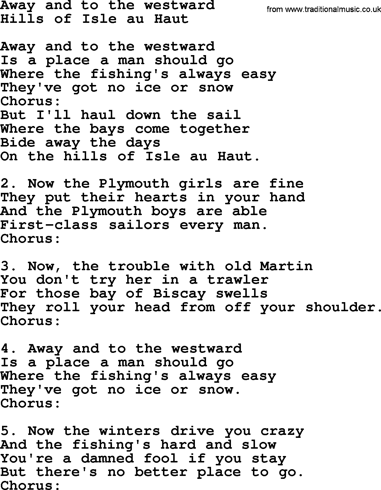 Sea Song or Shantie: Away And To The Westward, lyrics