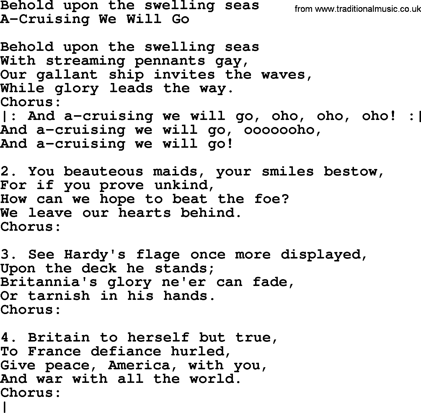 Sea Song or Shantie: Behold Upon The Swelling Seas, lyrics