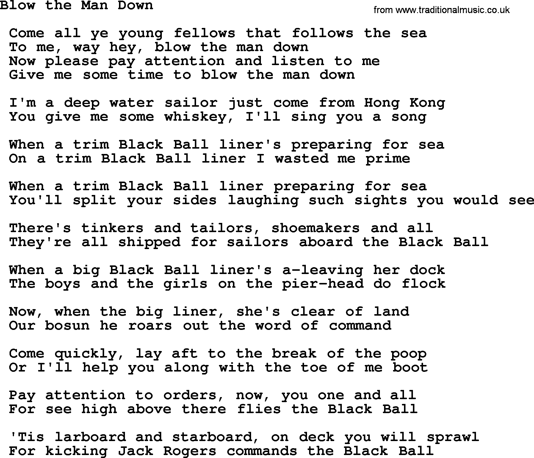 Sea Song or Shantie: Blow The Man Down, lyrics