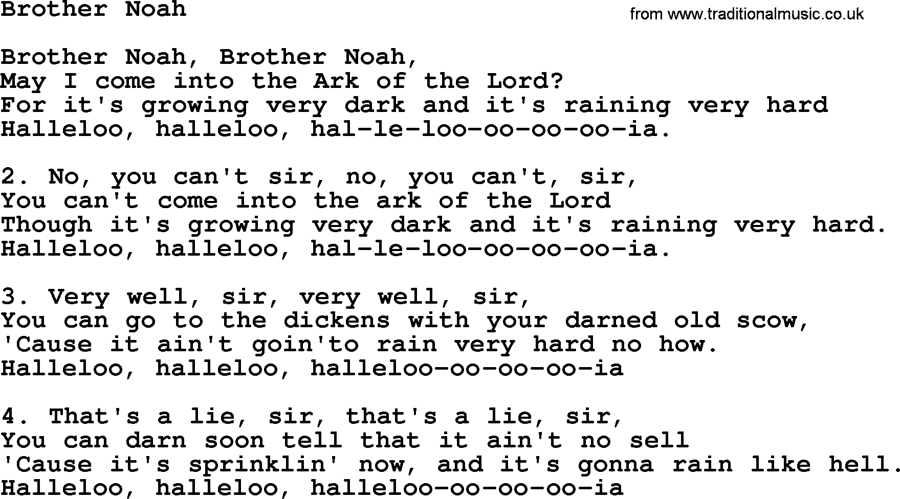Sea Song or Shantie: Brother Noah, lyrics