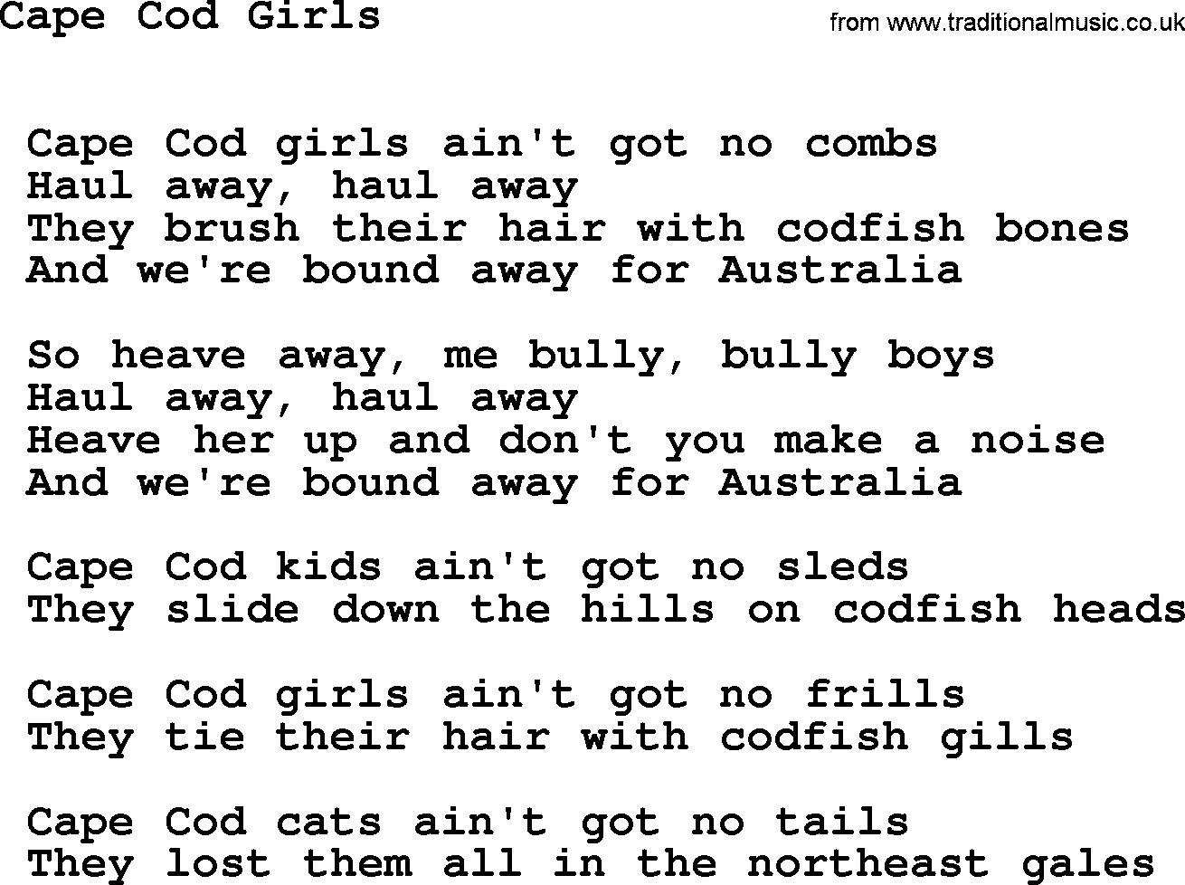 Sea Song or Shantie: Cape Cod Girls, lyrics