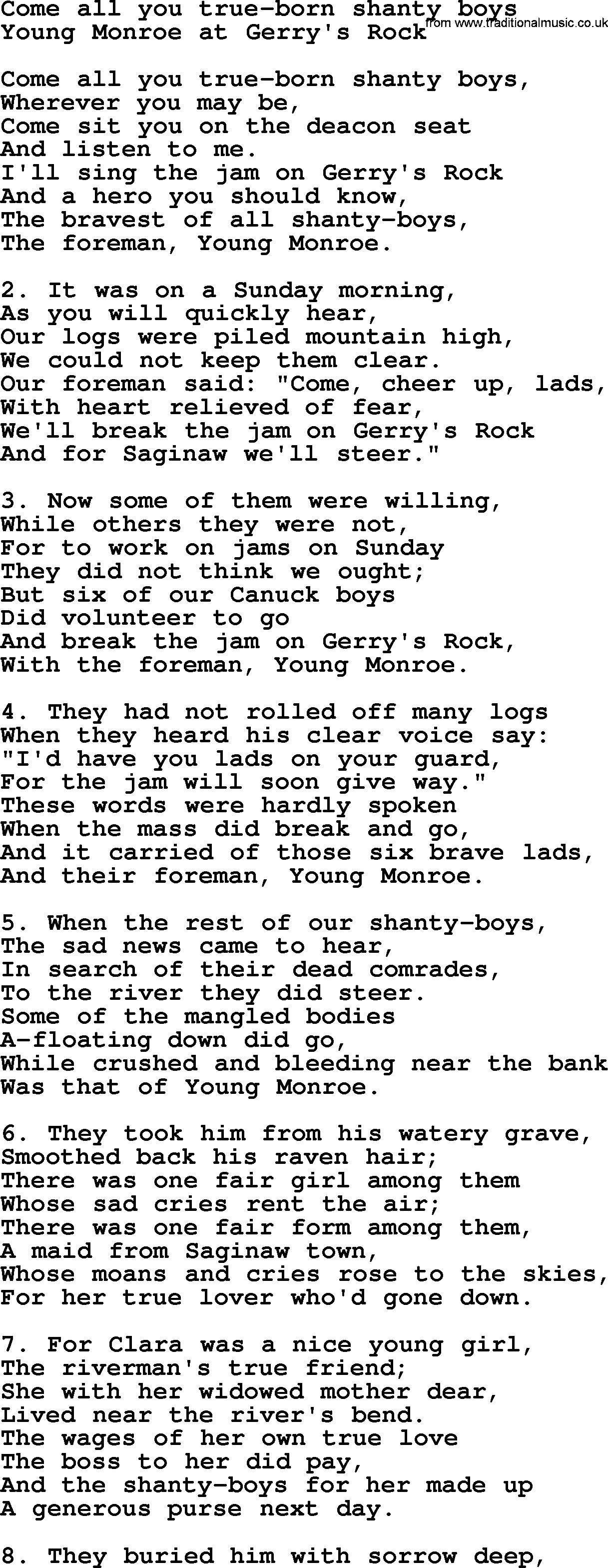 Sea Song or Shantie: Come All You True-born Shanty Boys, lyrics