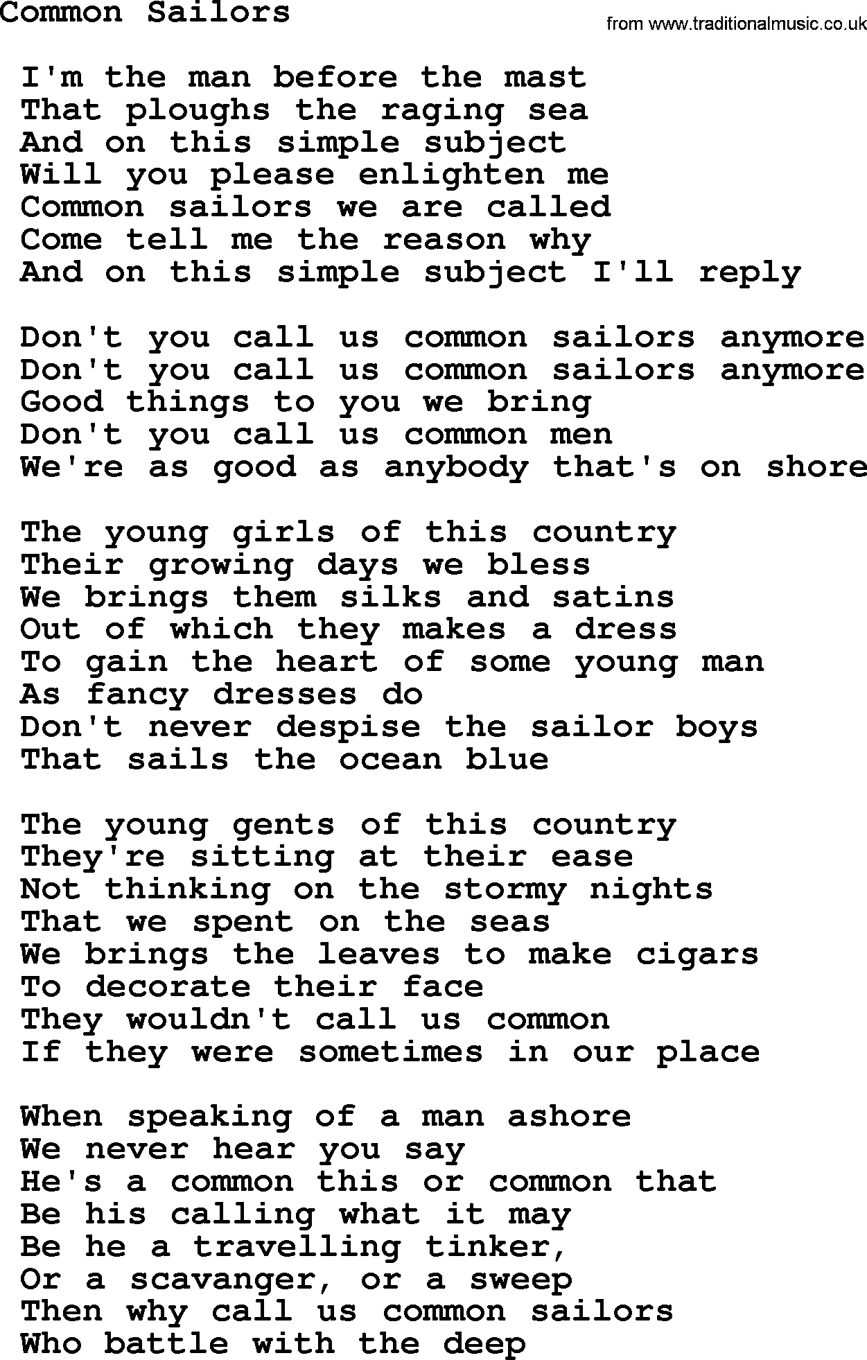 Sea Song or Shantie: Common Sailors, lyrics