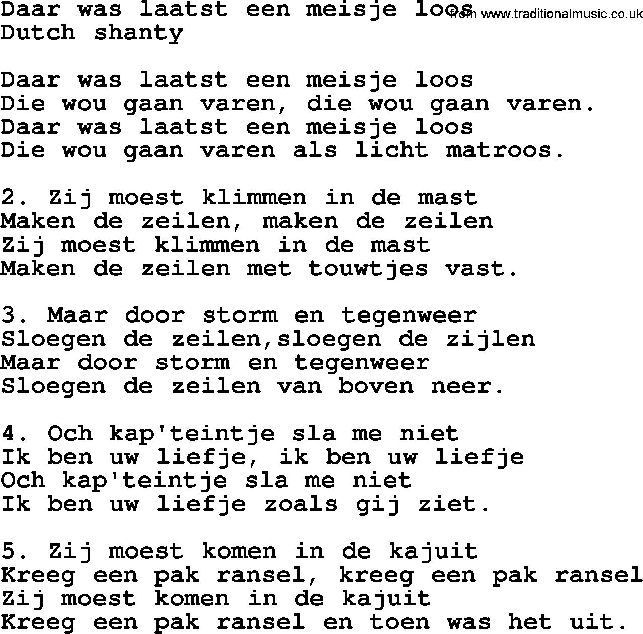 Sea Song or Shantie: Daar Was Laatst Een Meisje Loos, lyrics