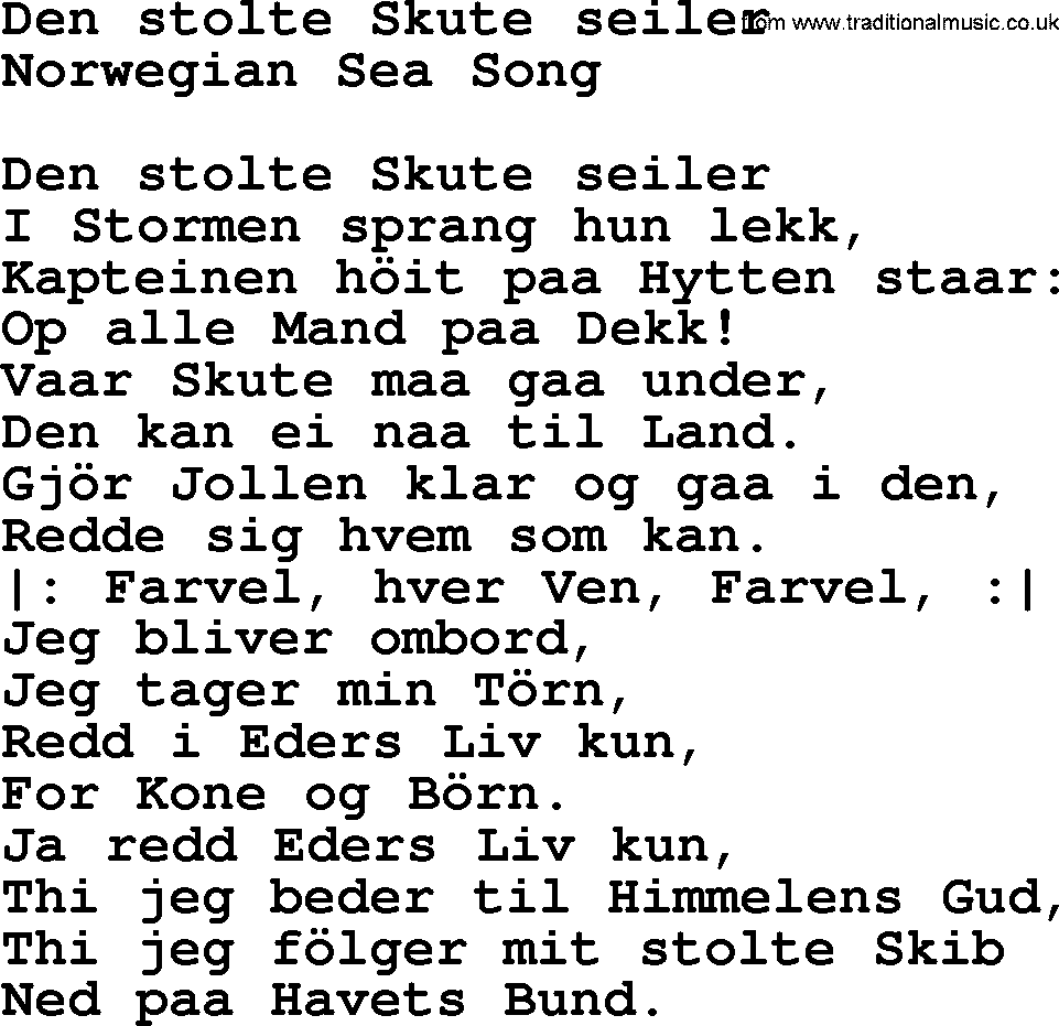 Sea Song or Shantie: Den Stolte Skute Seiler, lyrics