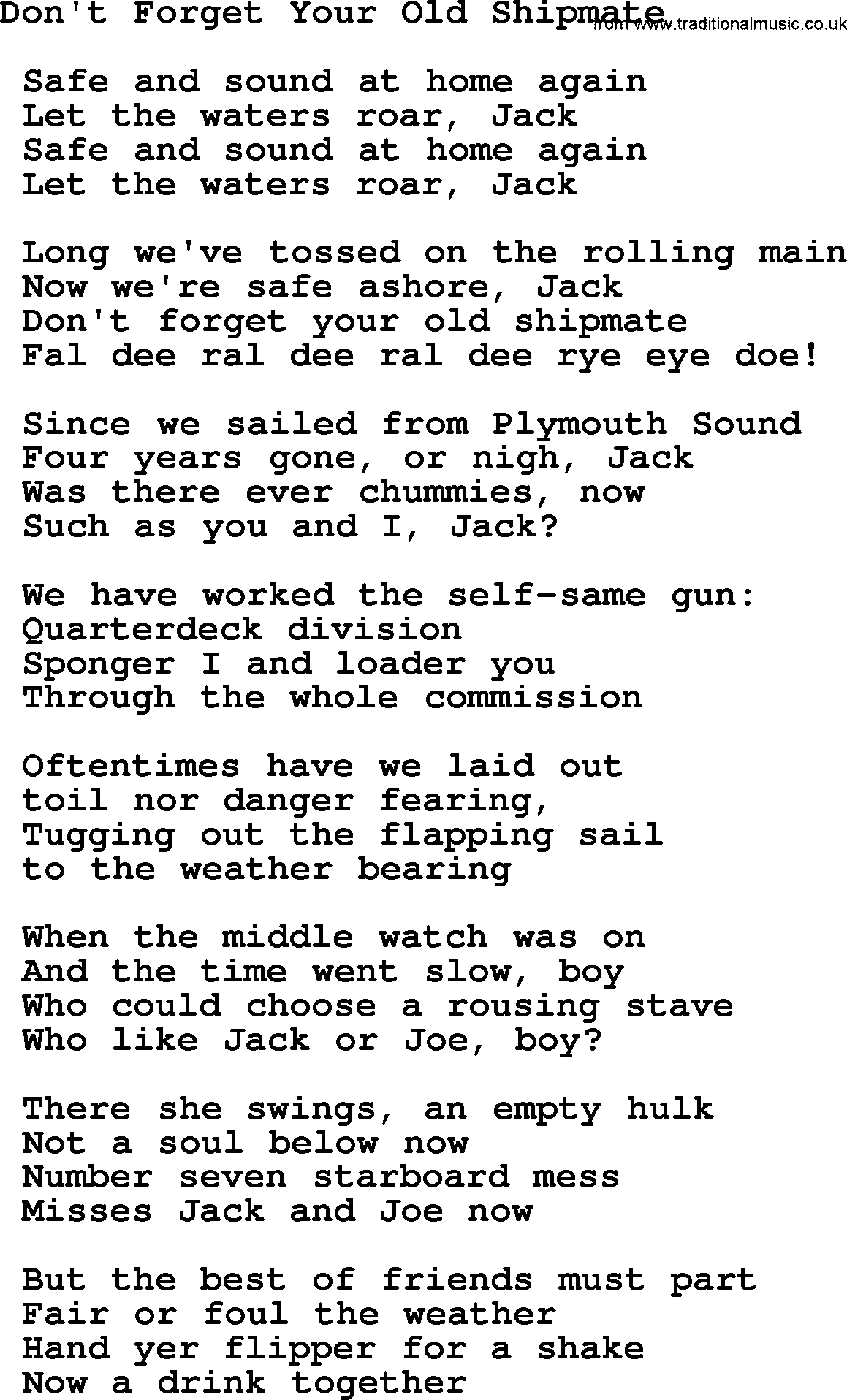 Sea Song or Shantie: Dont Forget Your Old Shipmate, lyrics