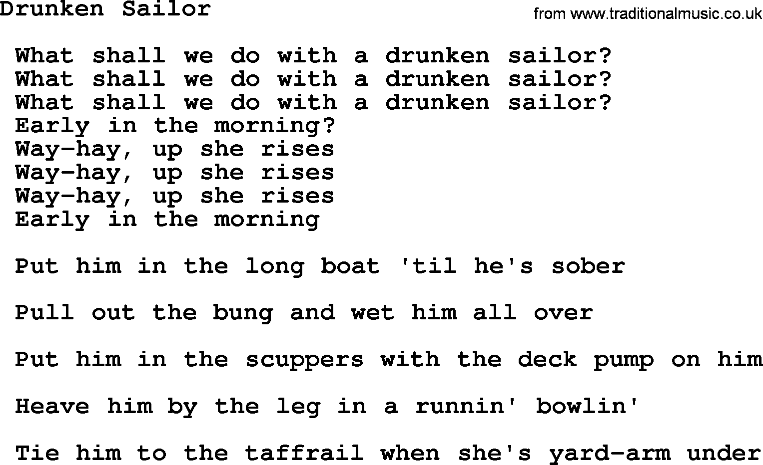 Sea Song or Shantie: Drunken Sailor, lyrics