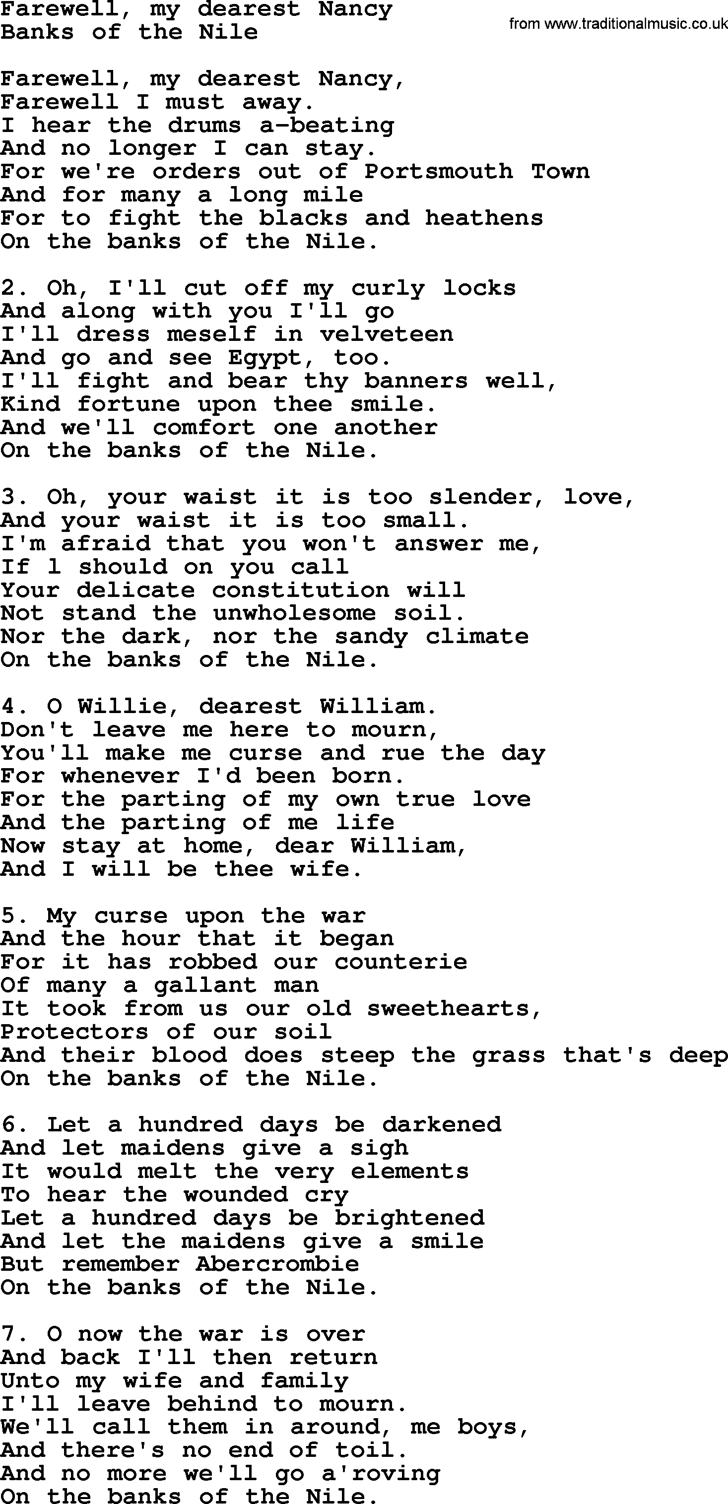 Sea Song or Shantie: Farewell My Dearest Nancy, lyrics