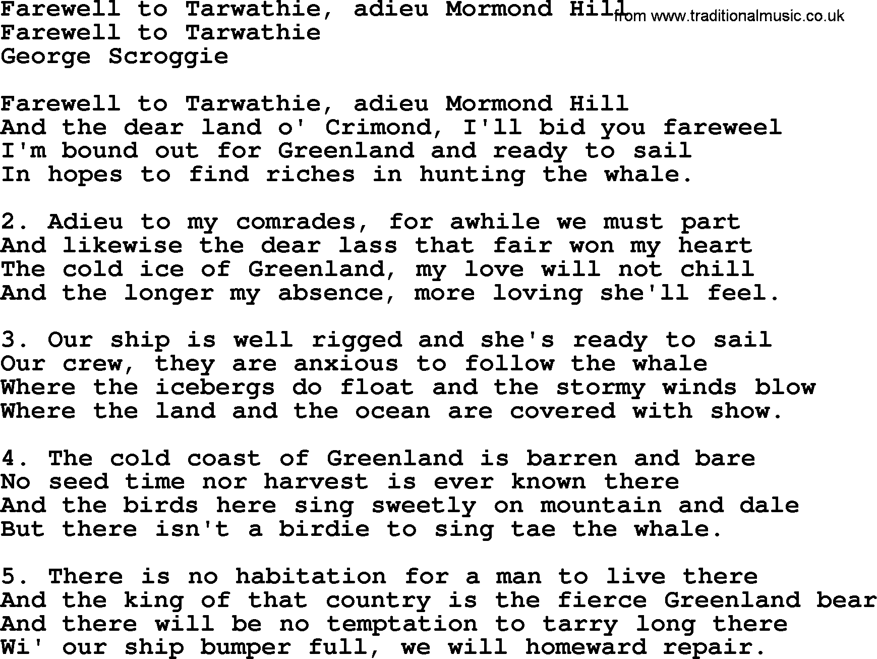 Sea Song or Shantie: Farewell To Tarwathie Adieu Mormond Hill, lyrics