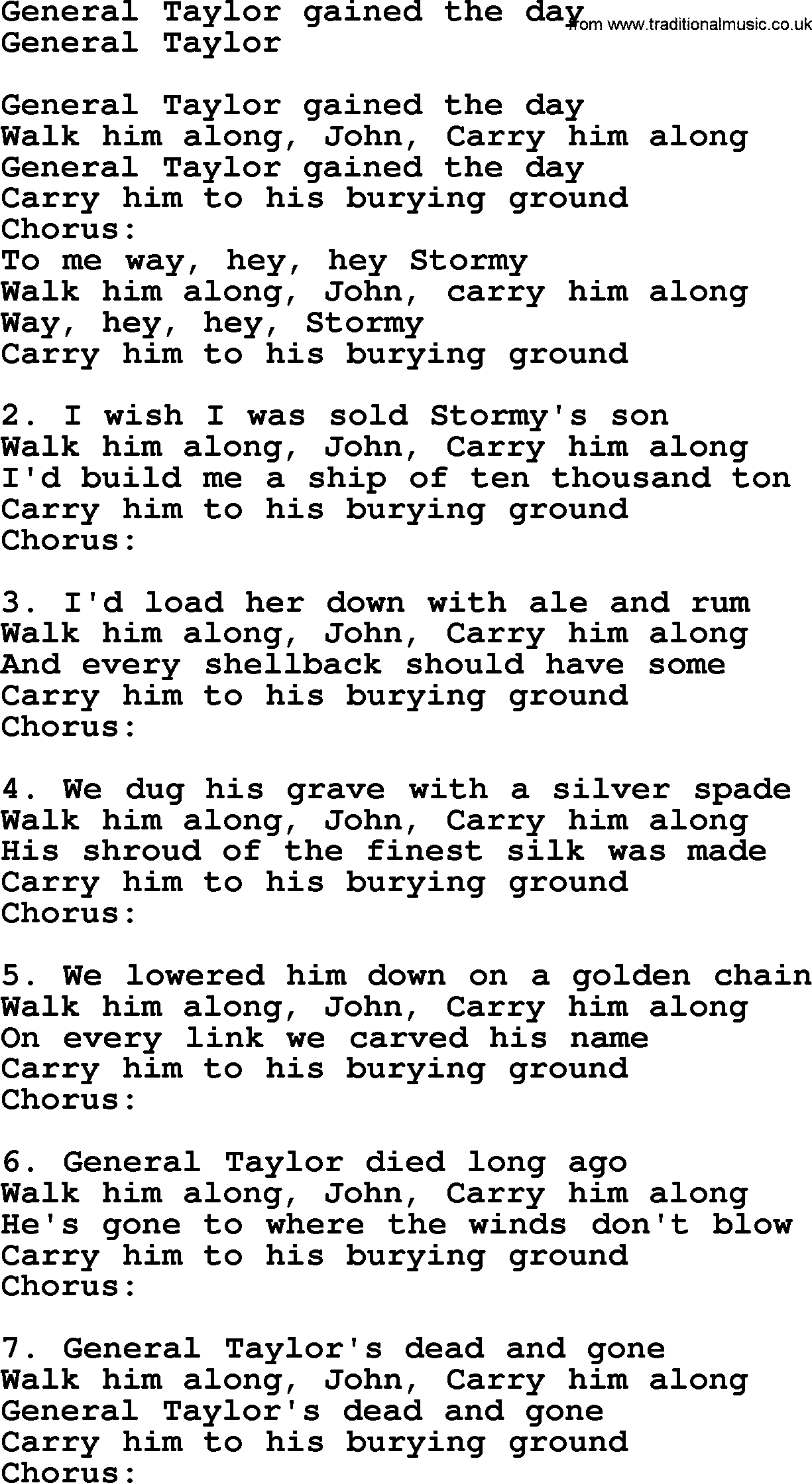 Sea Song or Shantie: General Taylor Gained The Day, lyrics