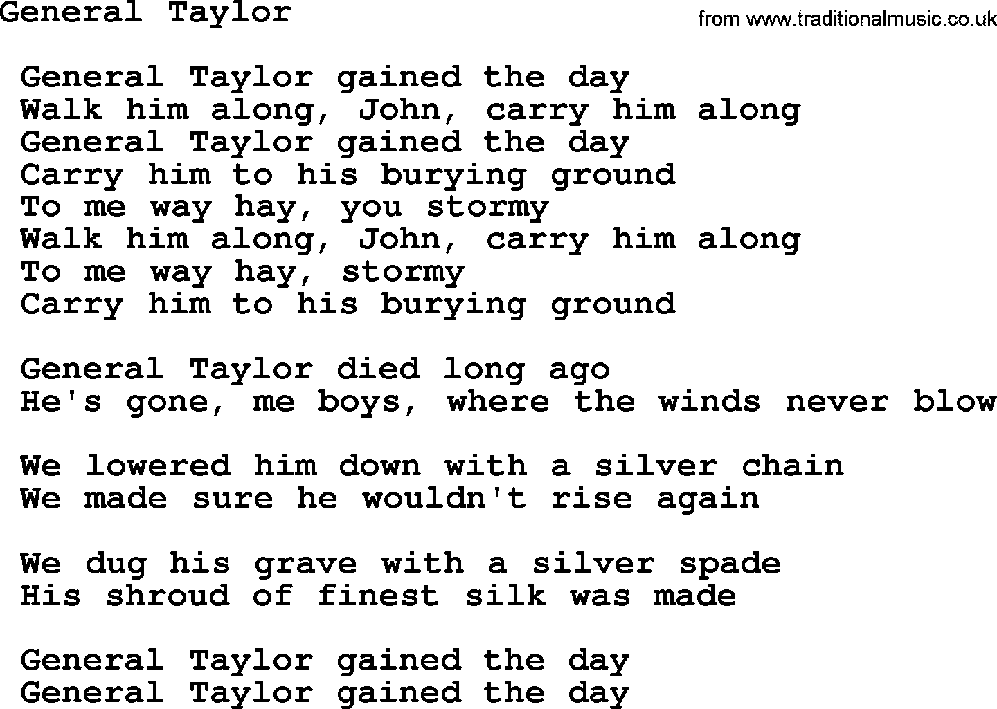 Sea Song or Shantie: General Taylor, lyrics