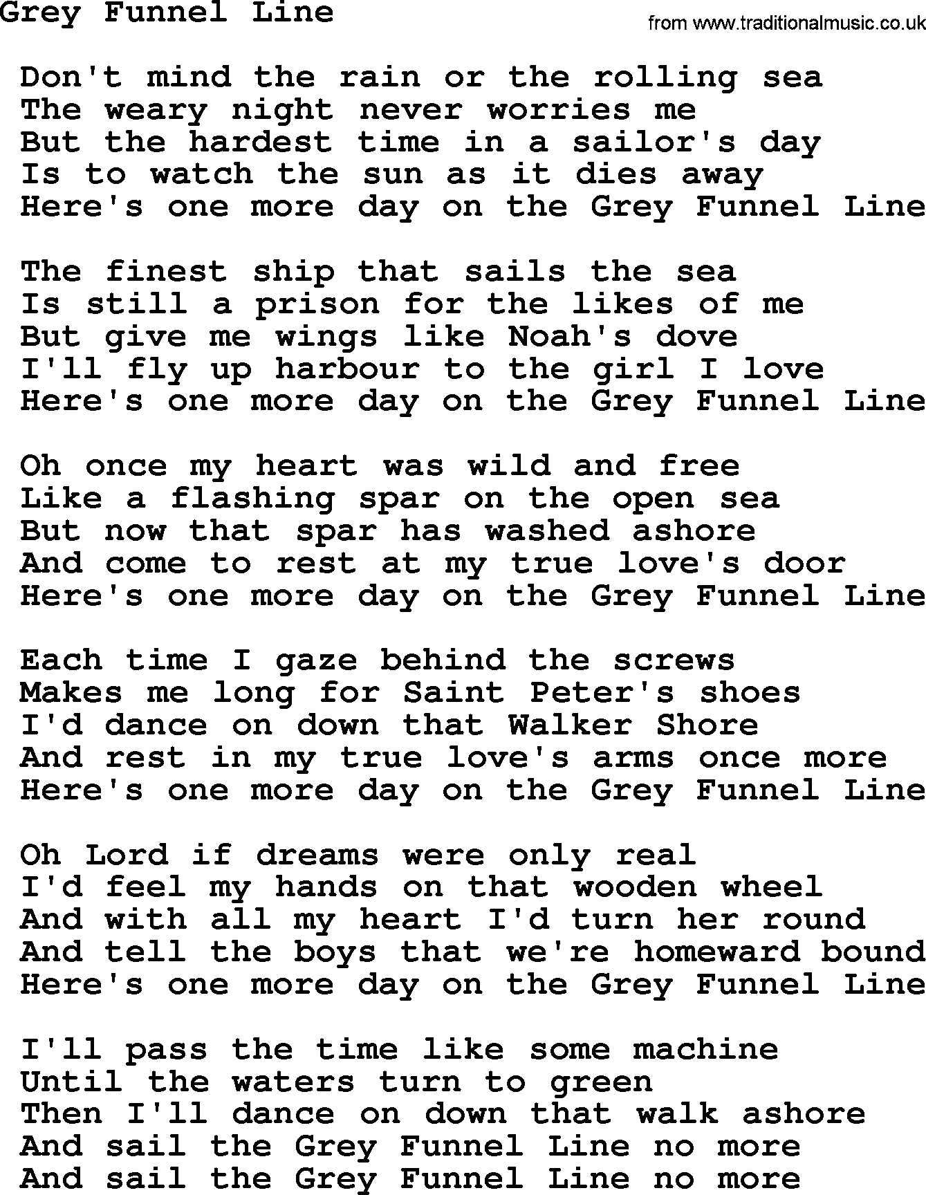 Sea Song or Shantie: Grey Funnel Line, lyrics