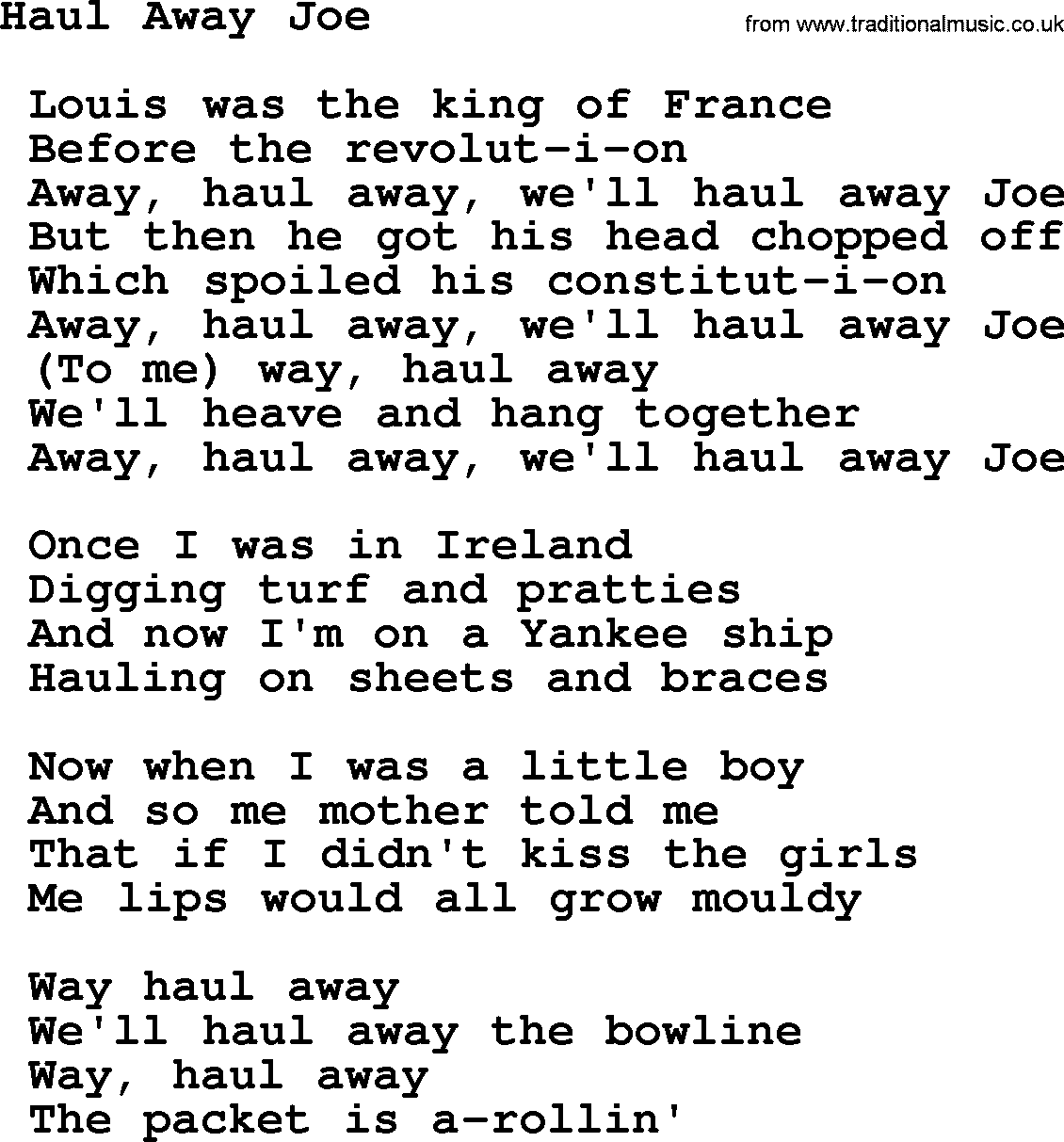 Sea Song or Shantie: Haul Away Joe, lyrics
