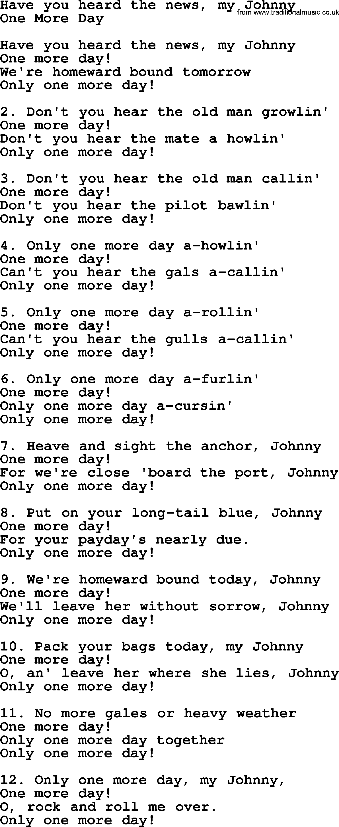 Sea Song or Shantie: Have You Heard The News My Johnny, lyrics