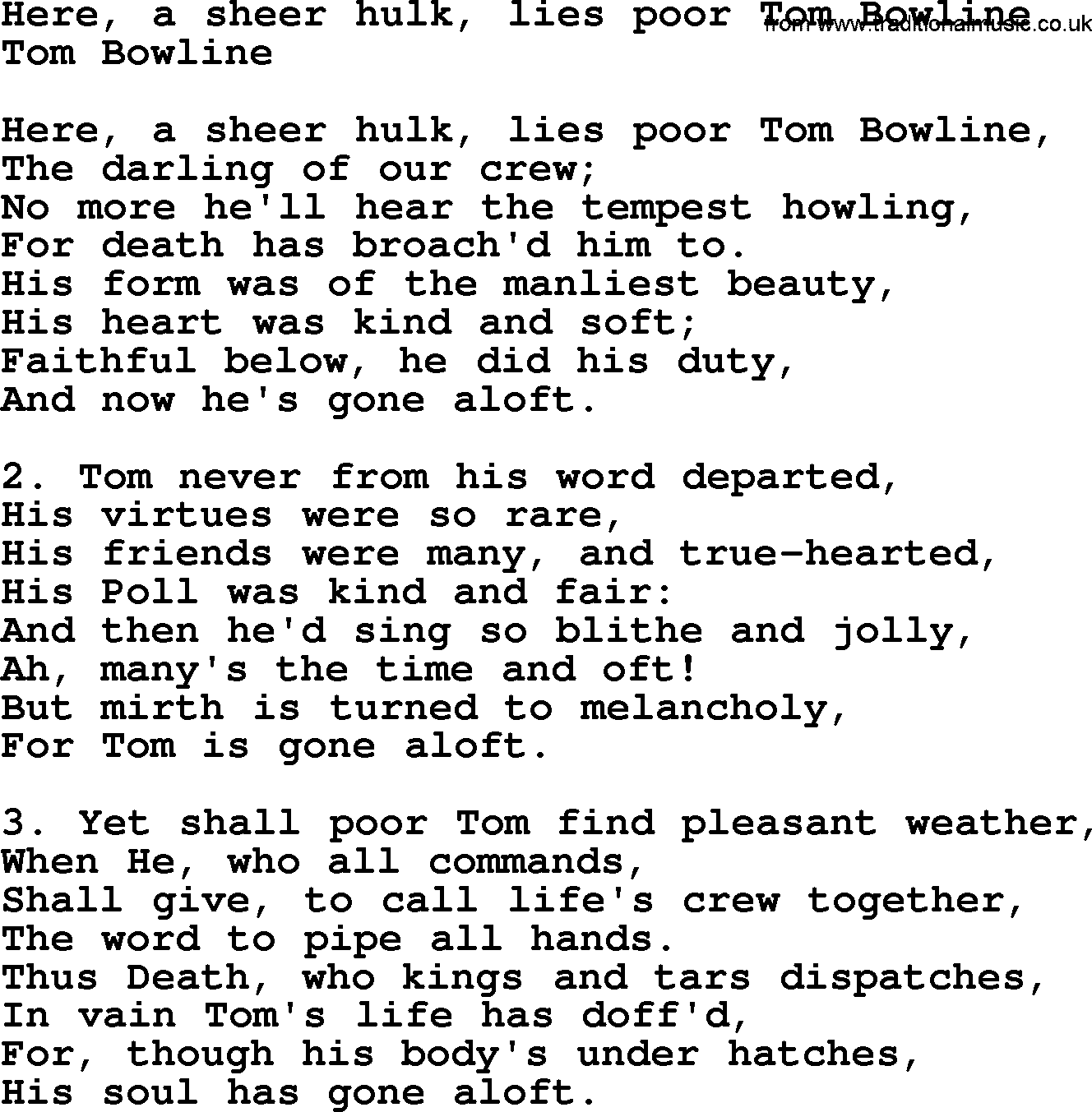 Sea Song or Shantie: Here A Sheer Hulk Lies Poor Tom Bowline, lyrics