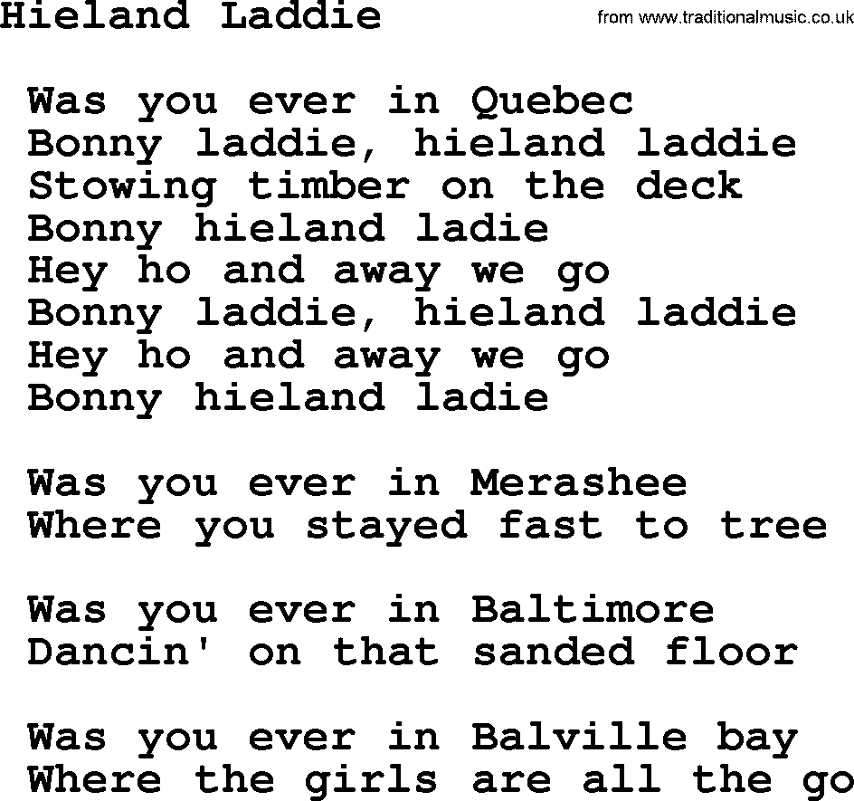 Sea Song or Shantie: Hieland Laddie, lyrics