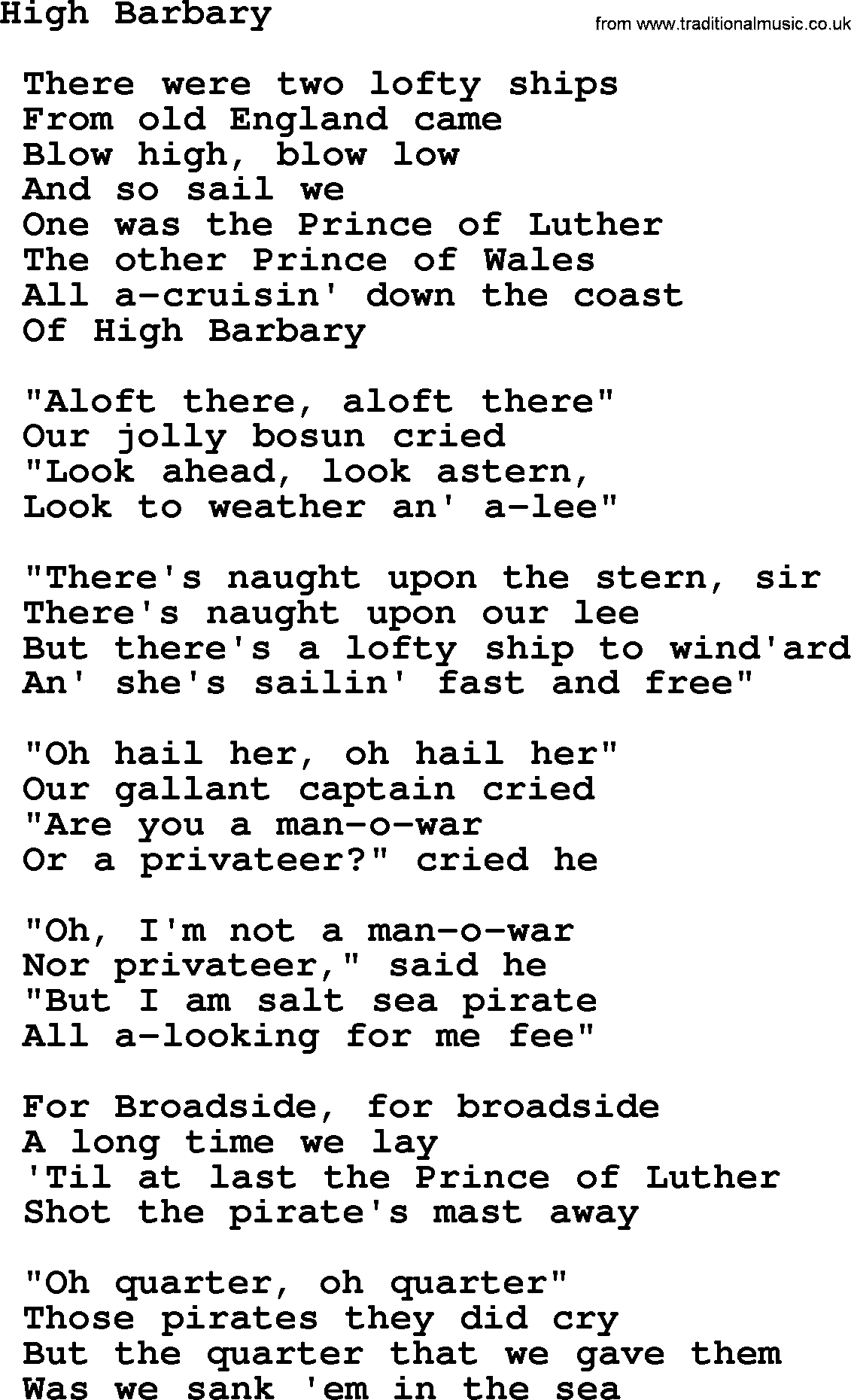 Sea Song or Shantie: High Barbary, lyrics