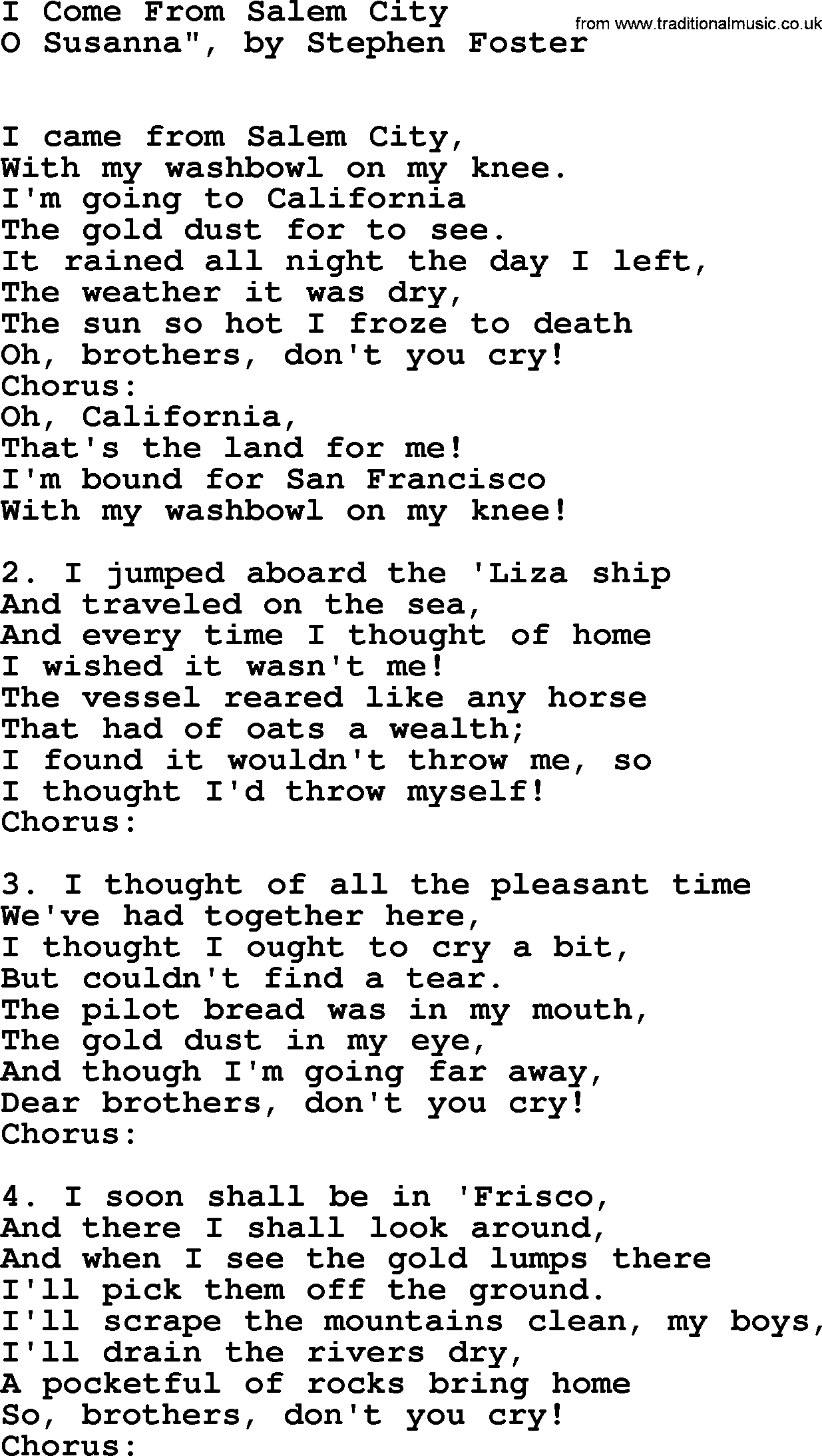 Sea Song or Shantie: I Come From Salem City, lyrics