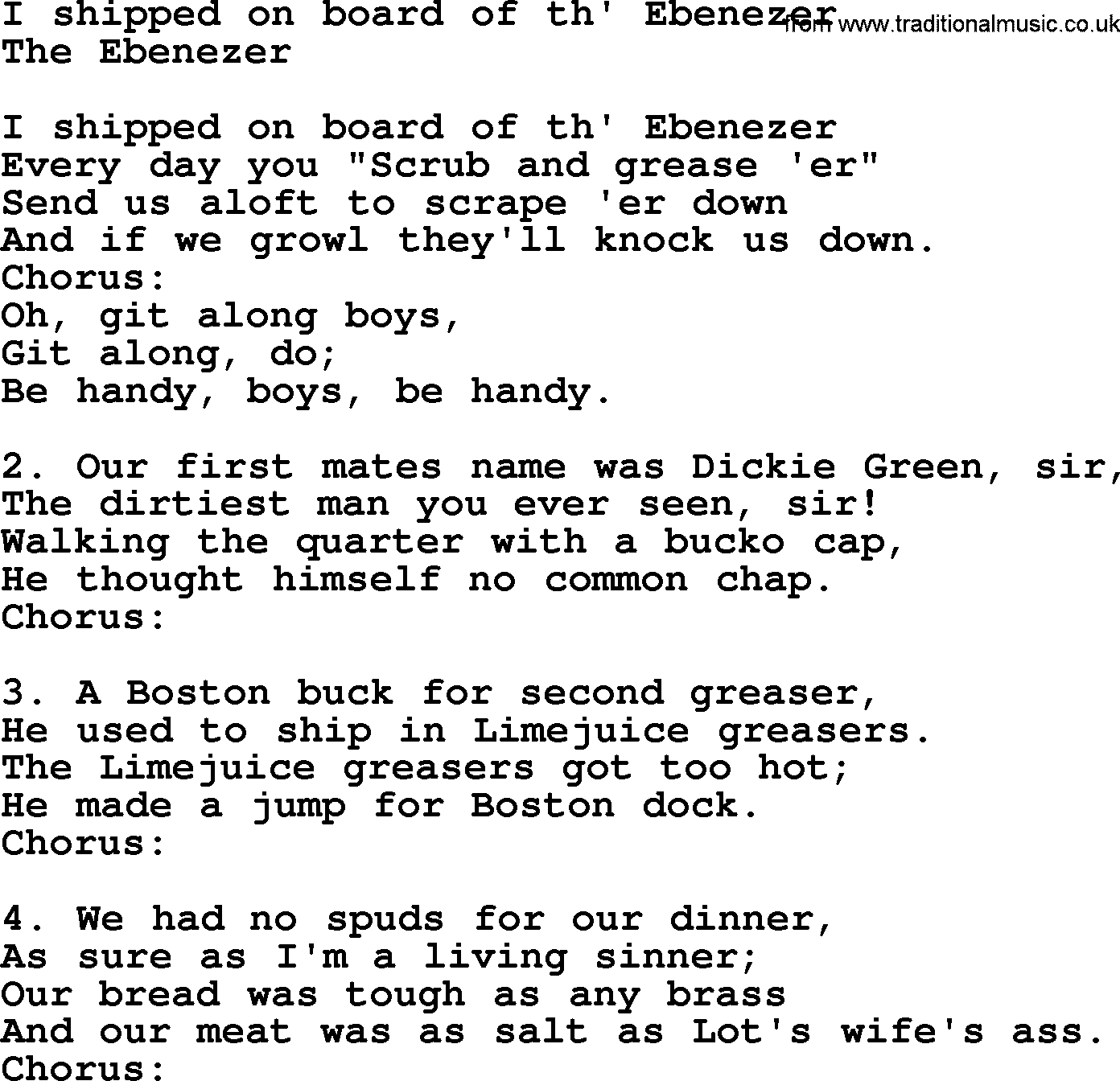 Sea Song or Shantie: I Shipped On Board Of Th Ebenezer, lyrics