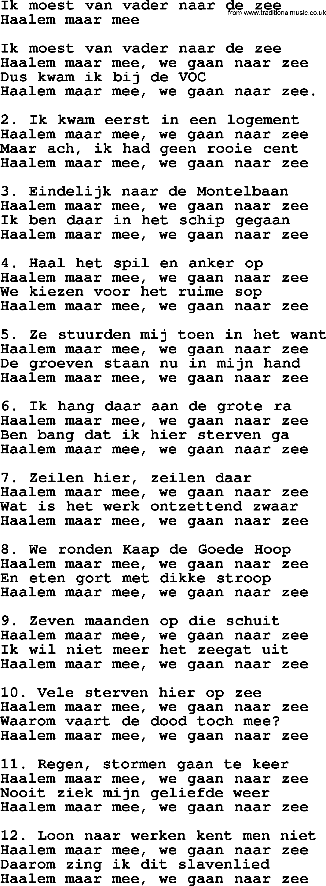 Sea Song or Shantie: Ik Moest Van Vader Naar De Zee, lyrics