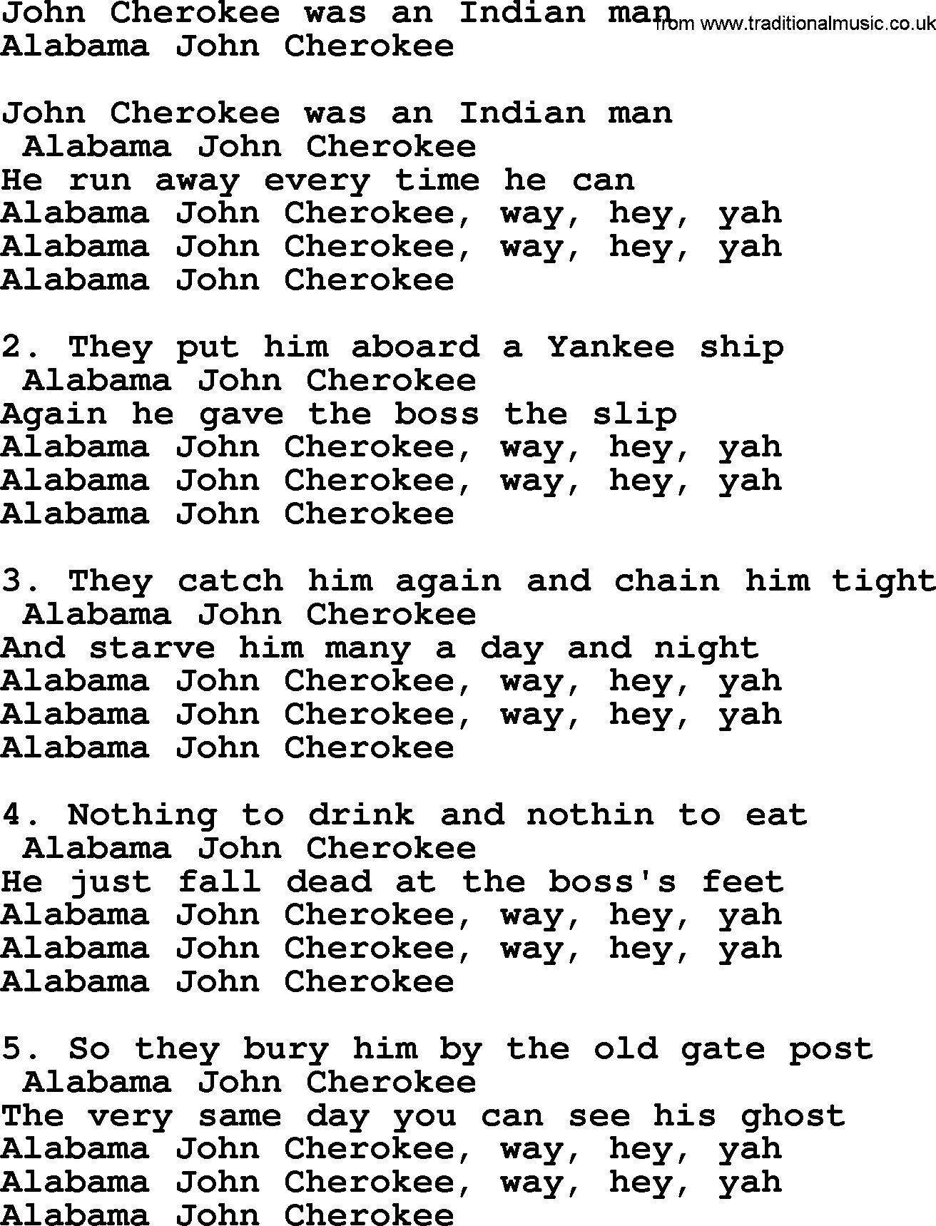 Sea Song or Shantie: John Cherokee Was An Indian Man, lyrics