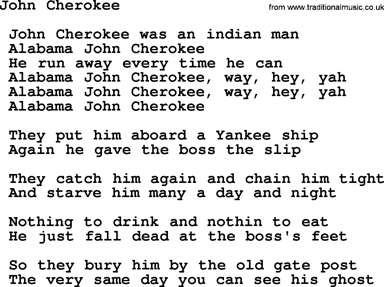 Sea Song or Shantie: John Cherokee, lyrics