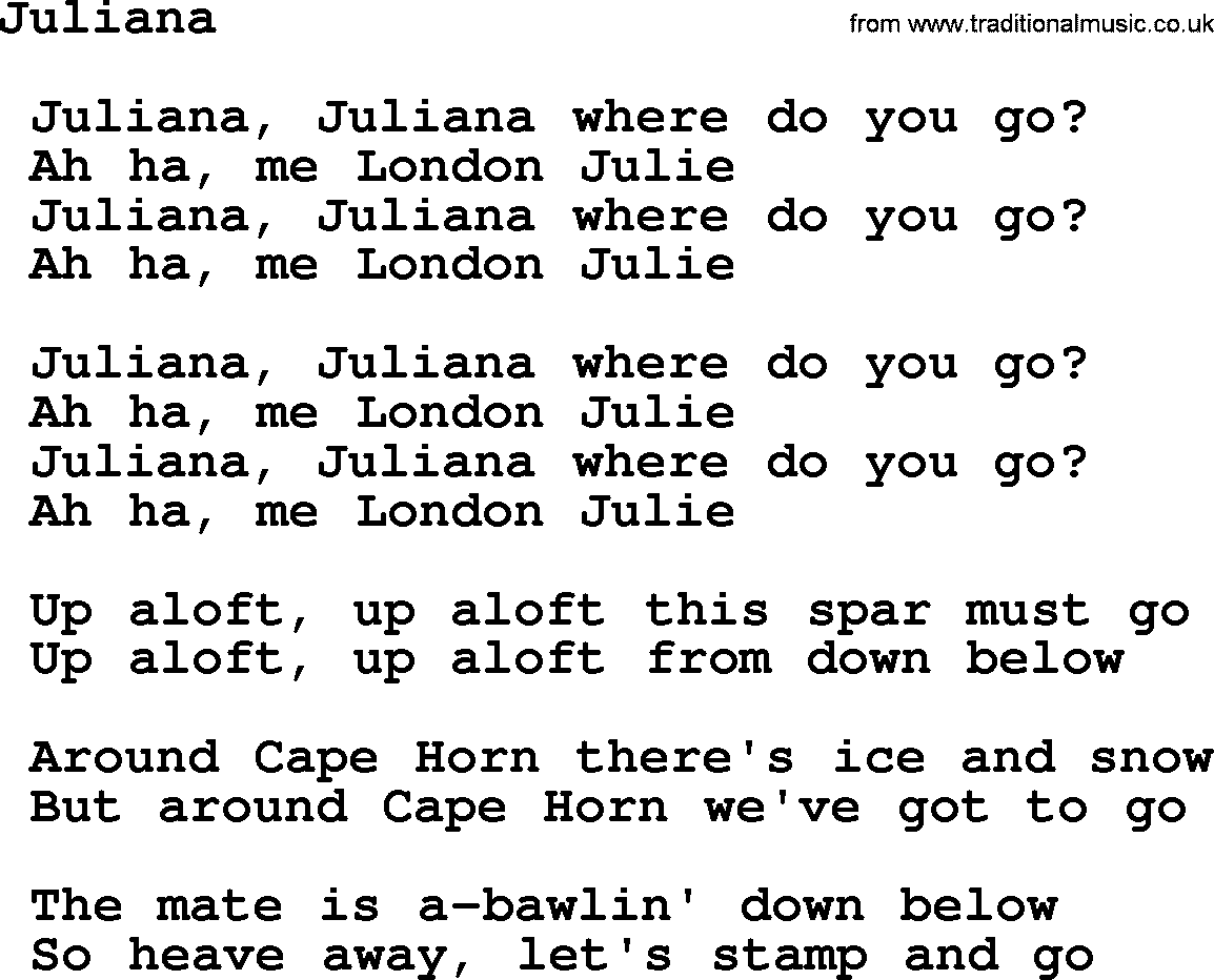 Sea Song or Shantie: Juliana, lyrics