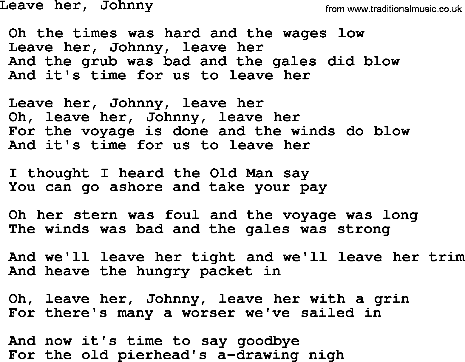 Sea Song or Shantie: Leave Her Johnny, lyrics