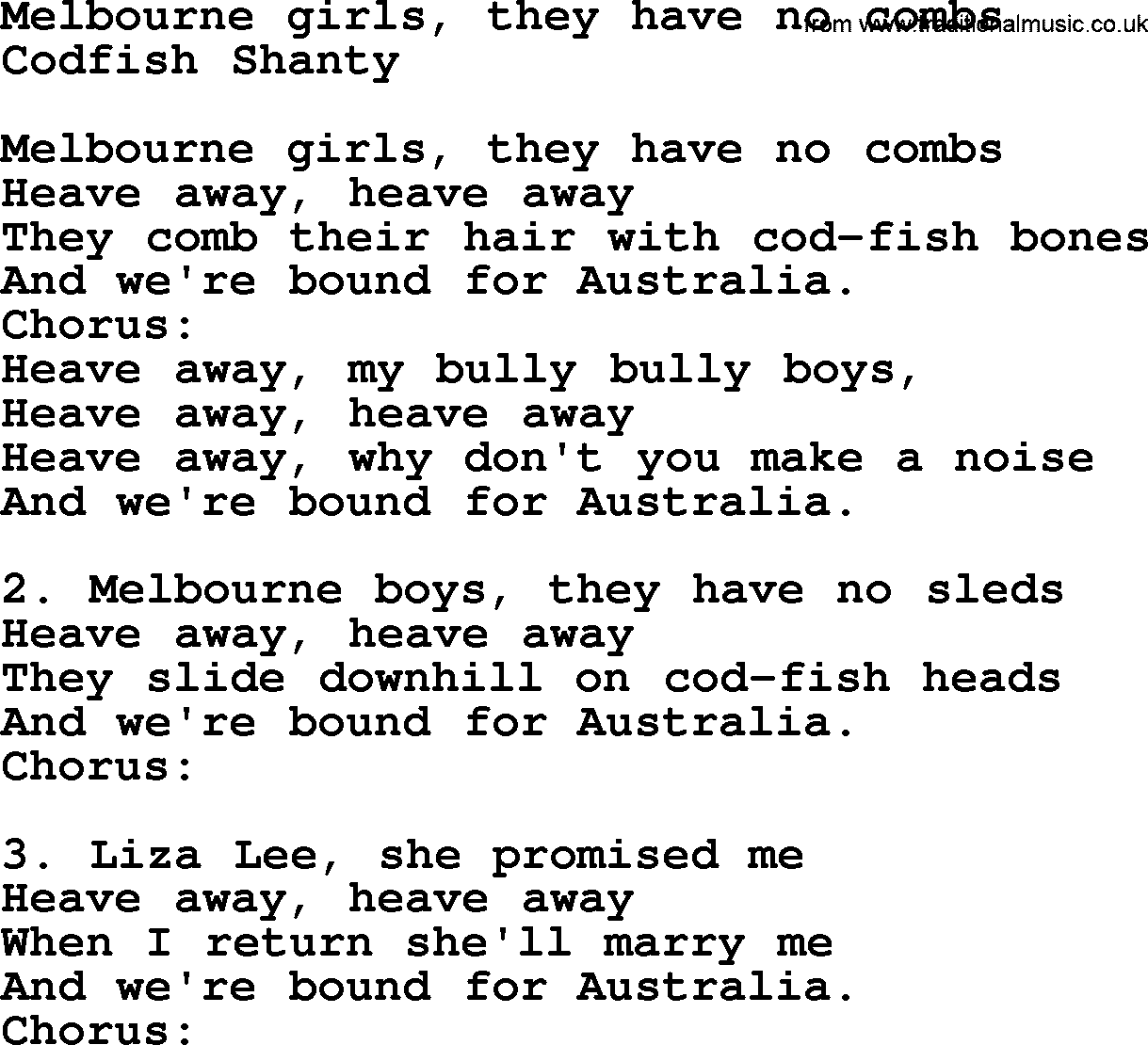 Sea Song or Shantie: Melbourne Girls They Have No Combs, lyrics