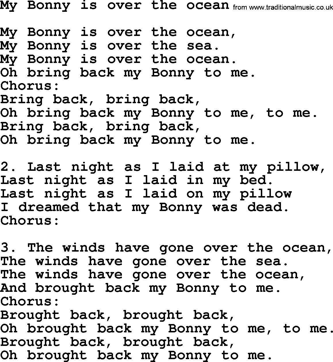 Sea Song or Shantie: My Bonny Is Over The Ocean, lyrics