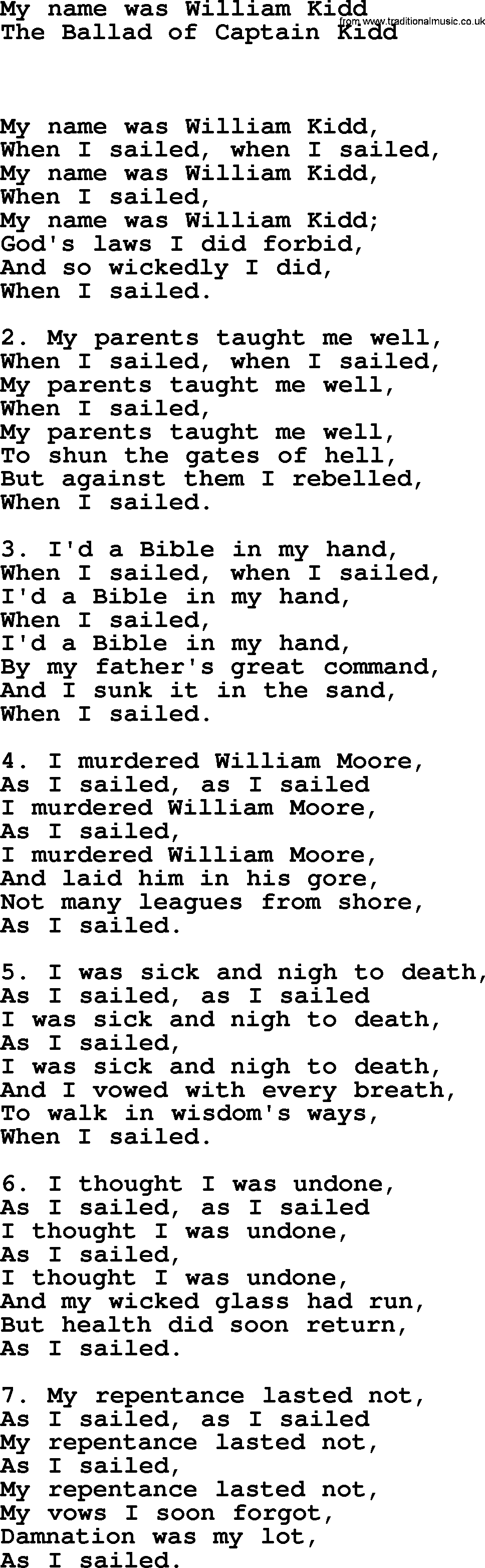 Sea Song or Shantie: My Name Was William Kidd, lyrics