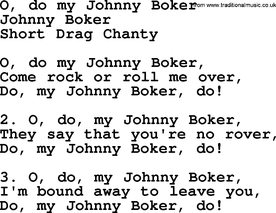 Sea Song or Shantie: O Do My Johnny Boker, lyrics