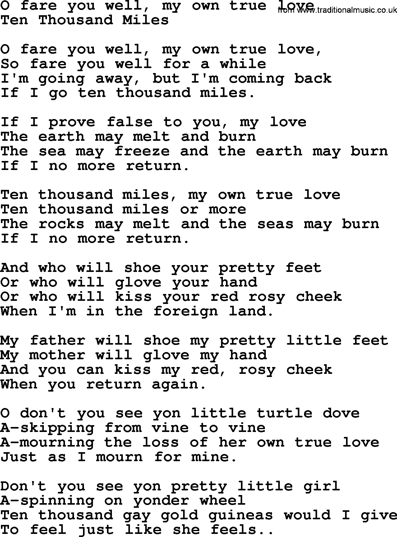 Sea Song or Shantie: O Fare You Well My Own True Love, lyrics