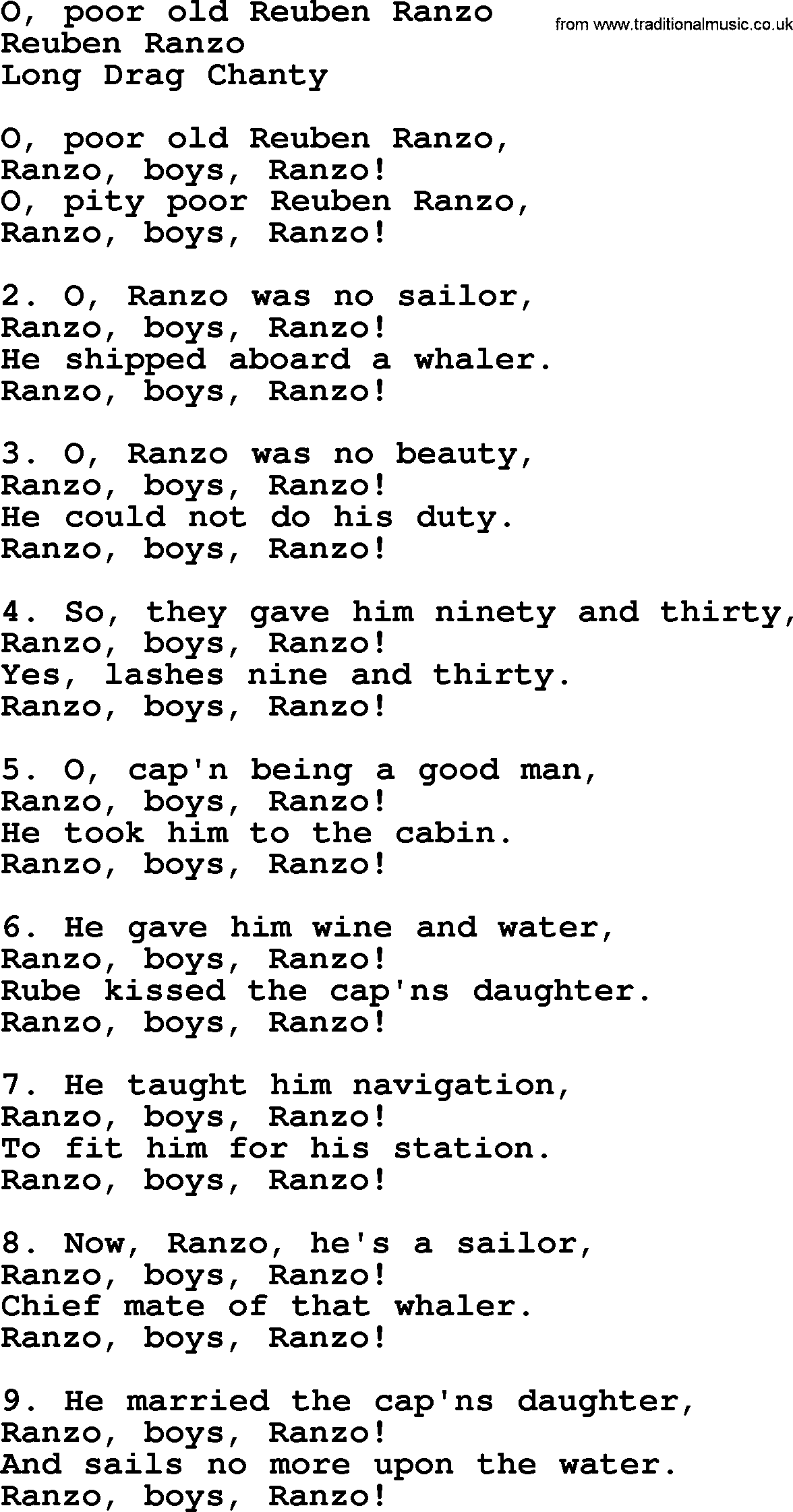 Sea Song or Shantie: O Poor Old Reuben Ranzo, lyrics
