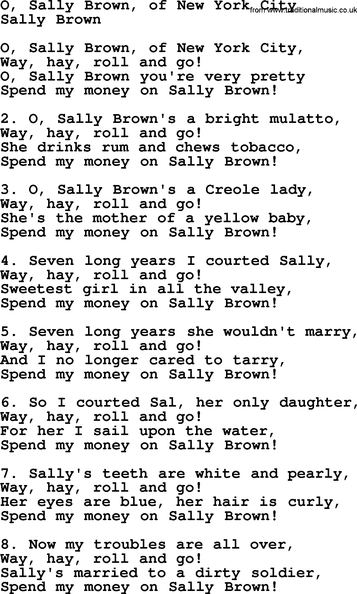 Sea Song or Shantie: O Sally Brown Of New York City, lyrics